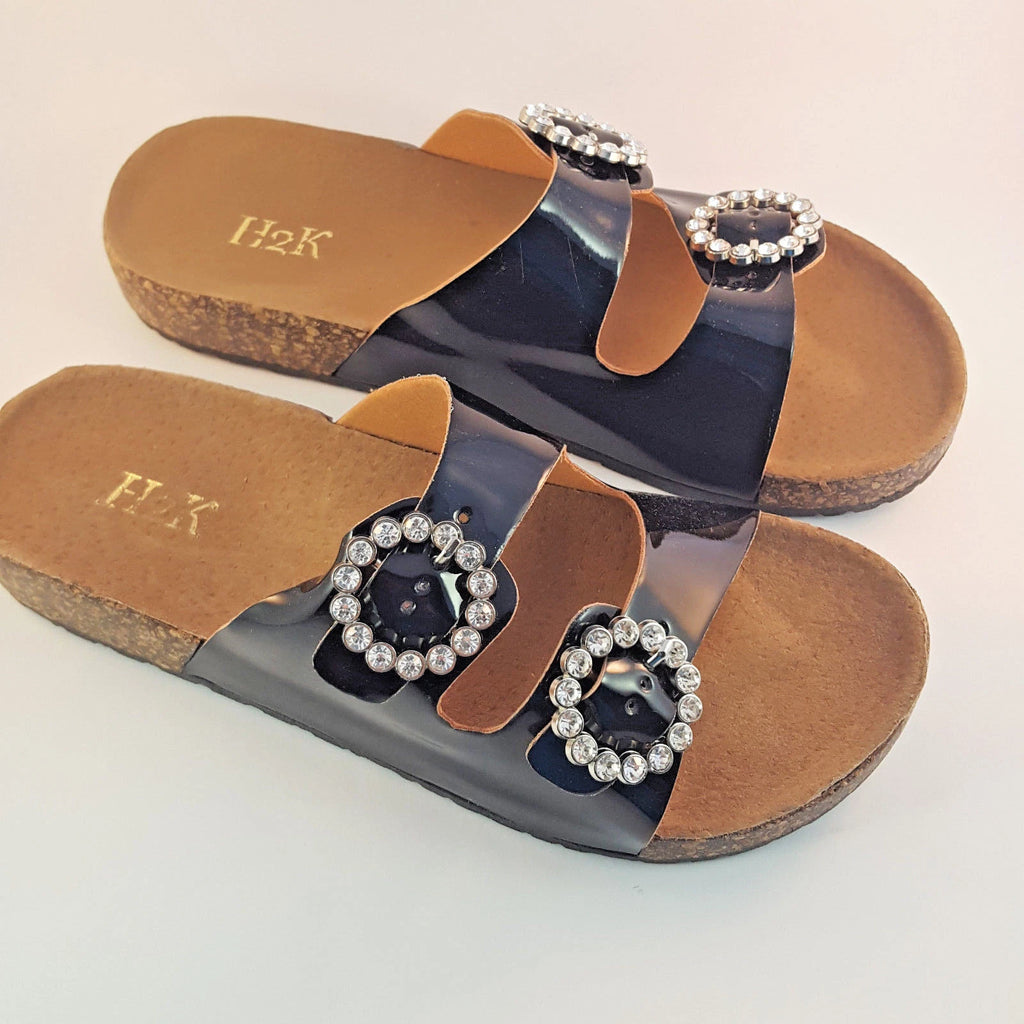 H2K KAREN STONE Buckle Ornament Black Fashion Slides Flip Flops Sandals Bling