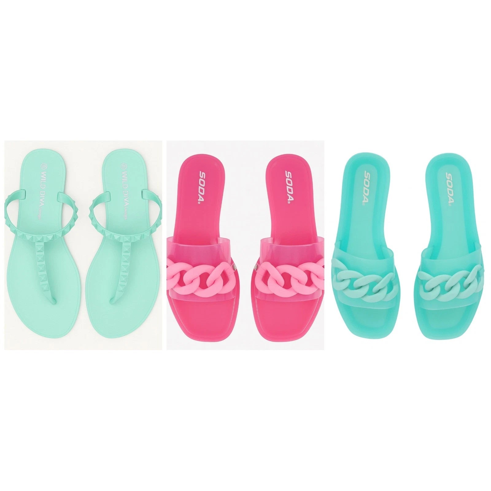 3x Pairs 6 Fashion Nova Pink Mint Green Jelly Cuban Matte Slide Sandals Flats
