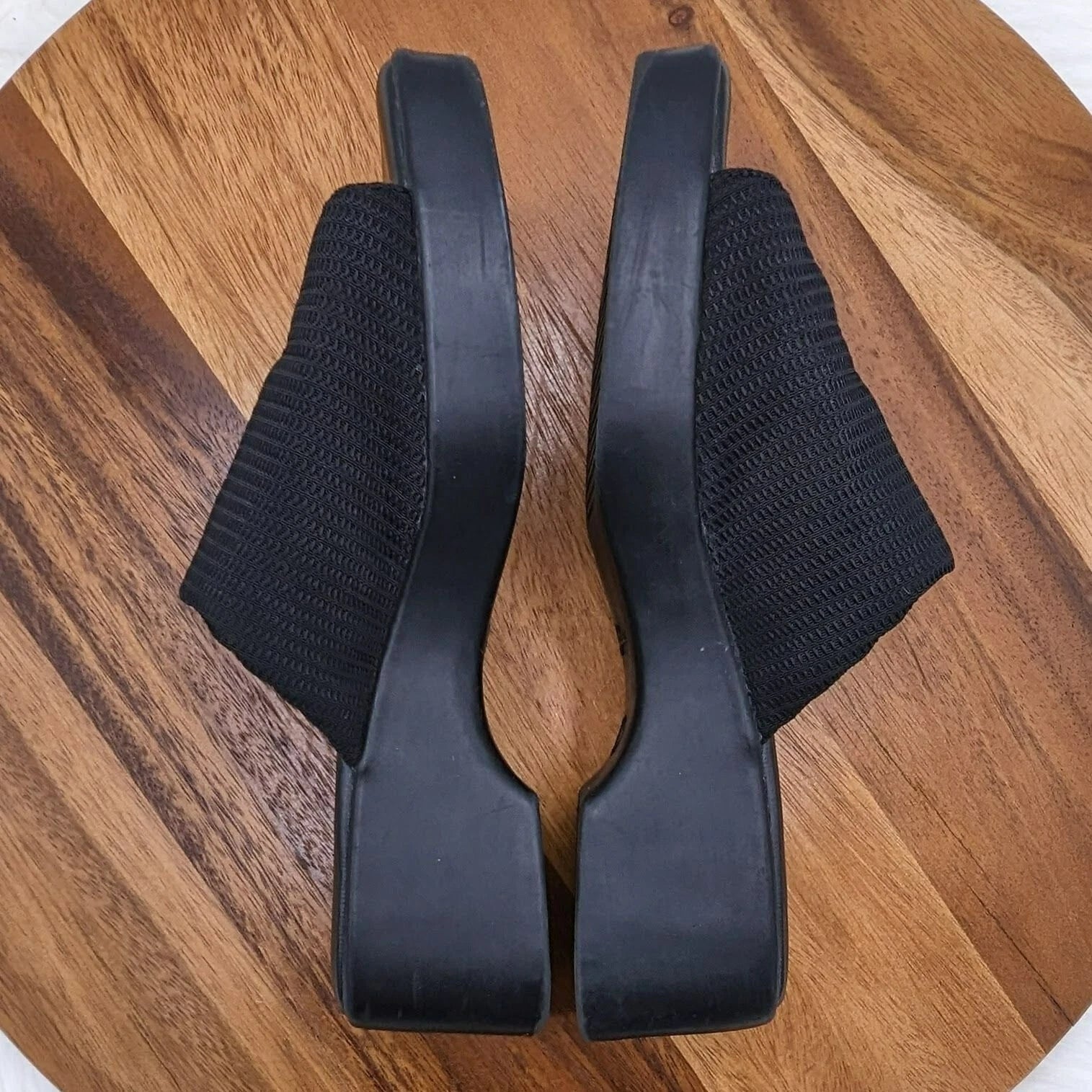 Fanfares Mule Slides Sandals 8 Black Square Toe Stretch Fabric Retro Popular 90s
