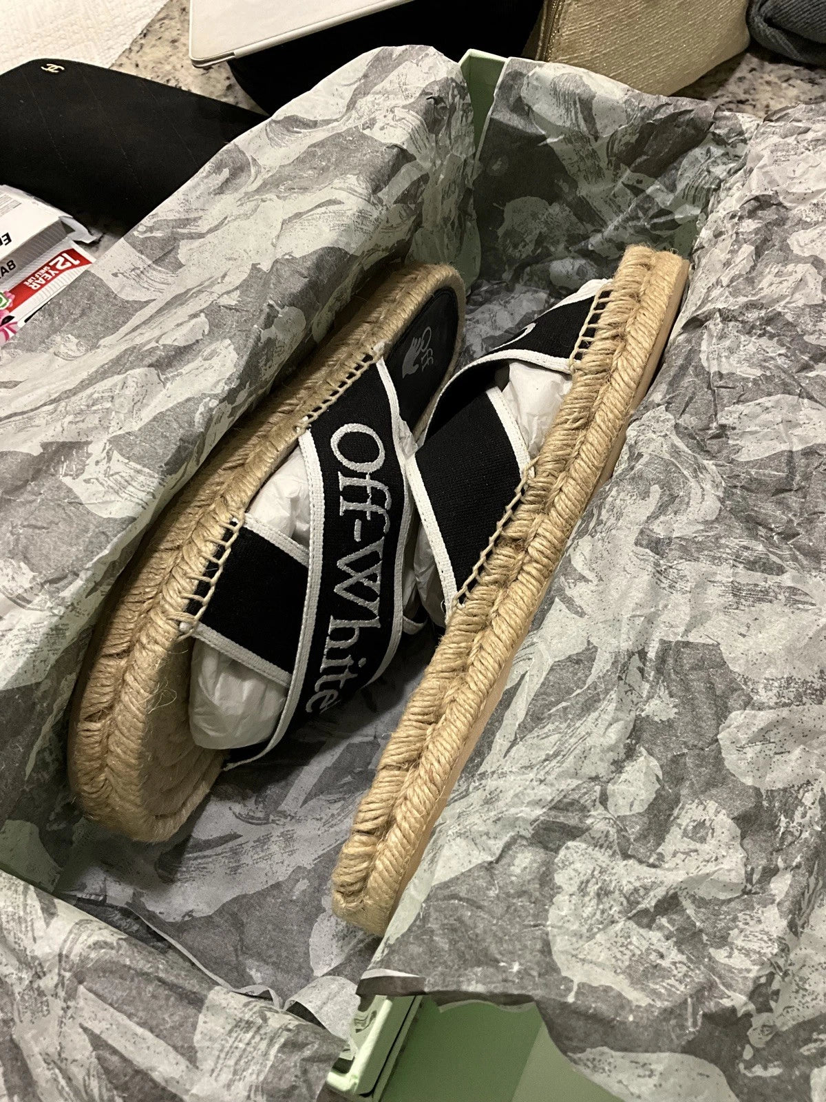 Off-White Black & White Logo Cross Strap Espadrille Slide Sandal Size Us8 Eu38