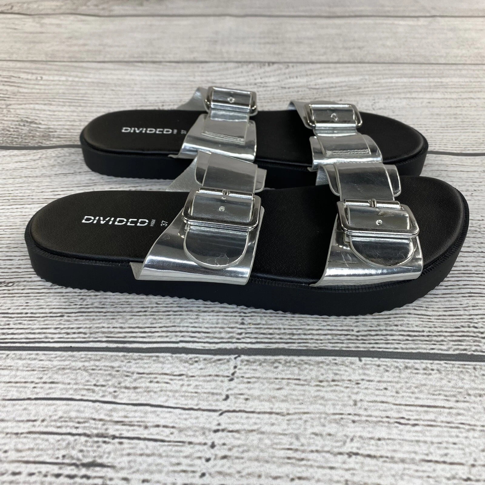 H&M Divided Slide Sandals Women Size 6.5 / 7 Buckle Silver Slip On Shoes NEW