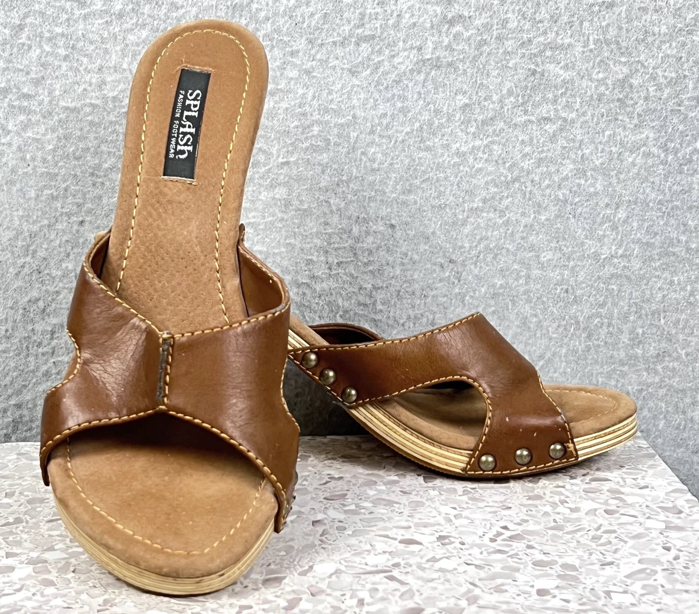 Splash Shoes Womens Size 7 Brown Studded Heeled Mules Sandals Slip On Fashion