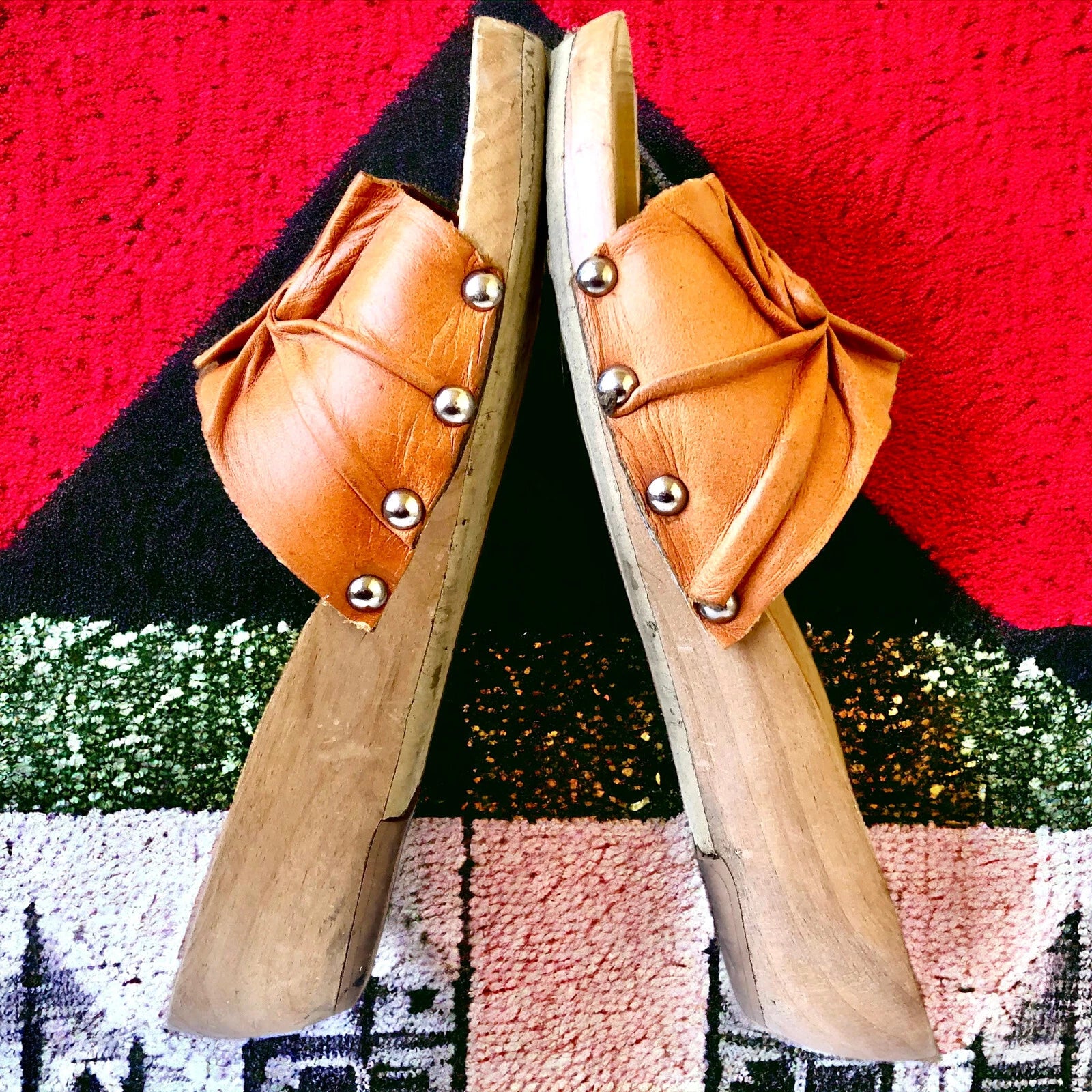 SALPY Handmade Shoes Orange Leather Wooden Mule Style Anna Womens size 7