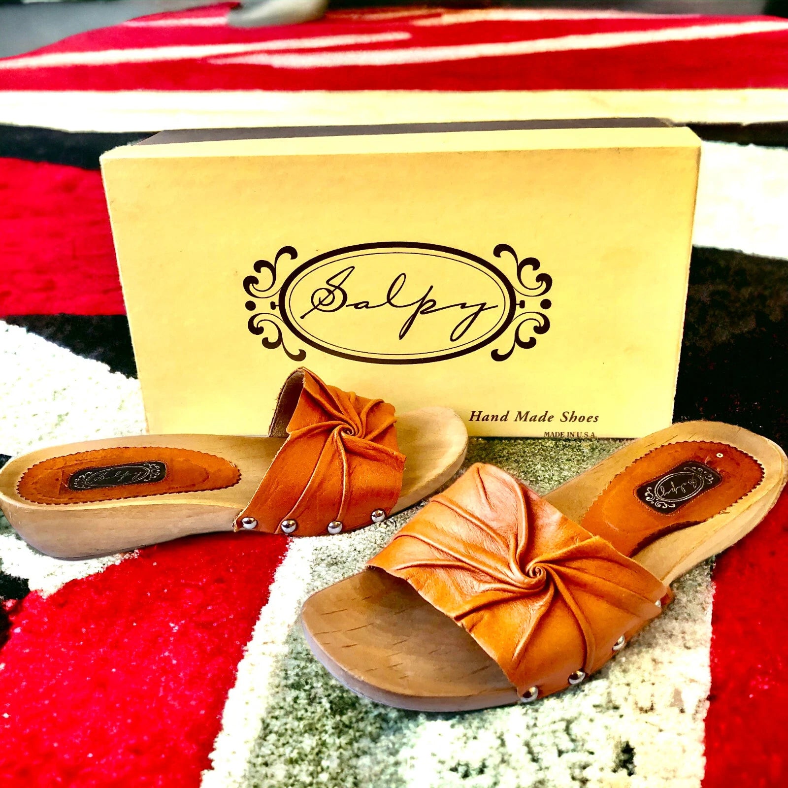 SALPY Handmade Shoes Orange Leather Wooden Mule Style Anna Womens size 7