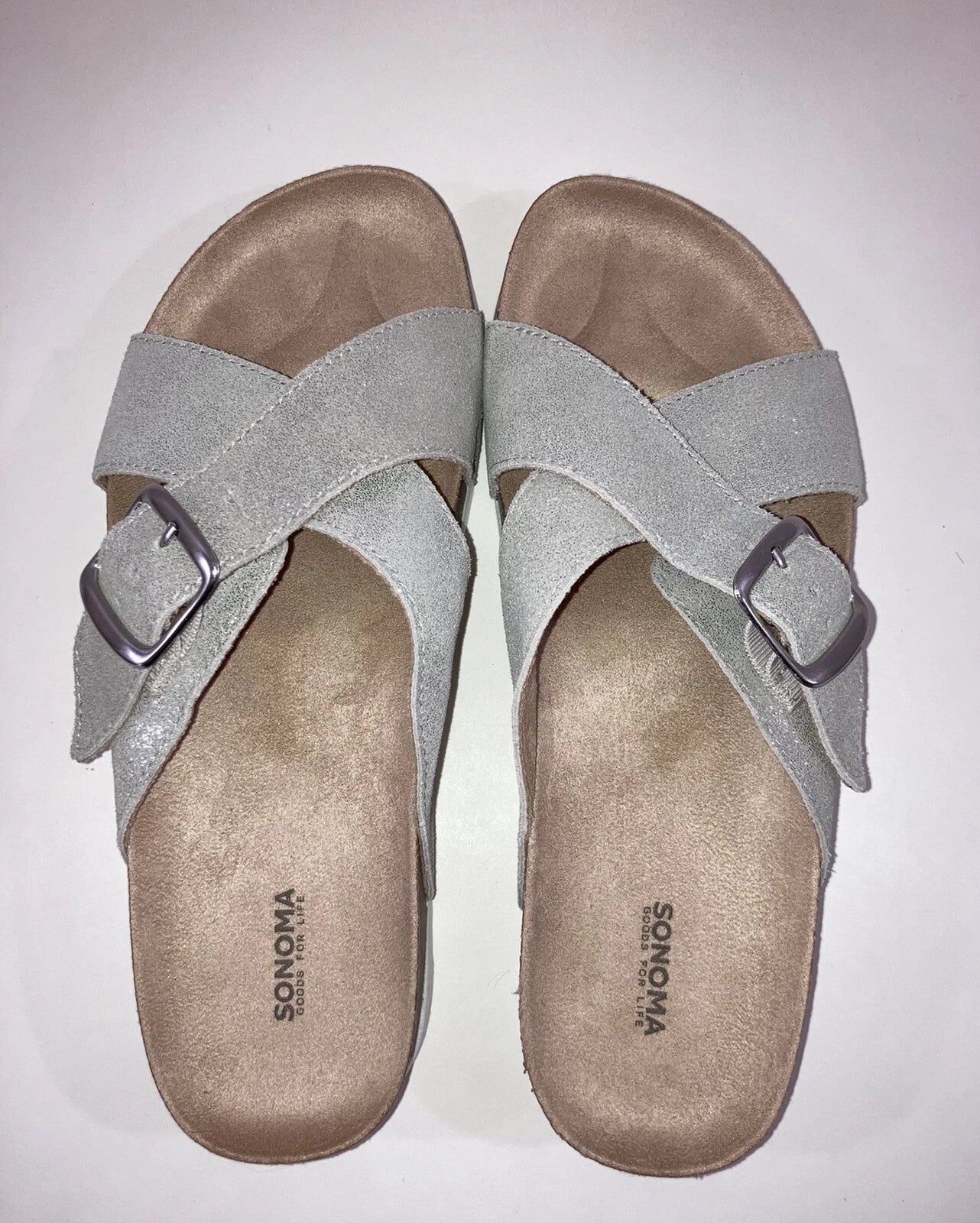 Sonoma Silver Suede Buckle Slide Footbed Sandals Size 7.5 Style Tarragon NEW