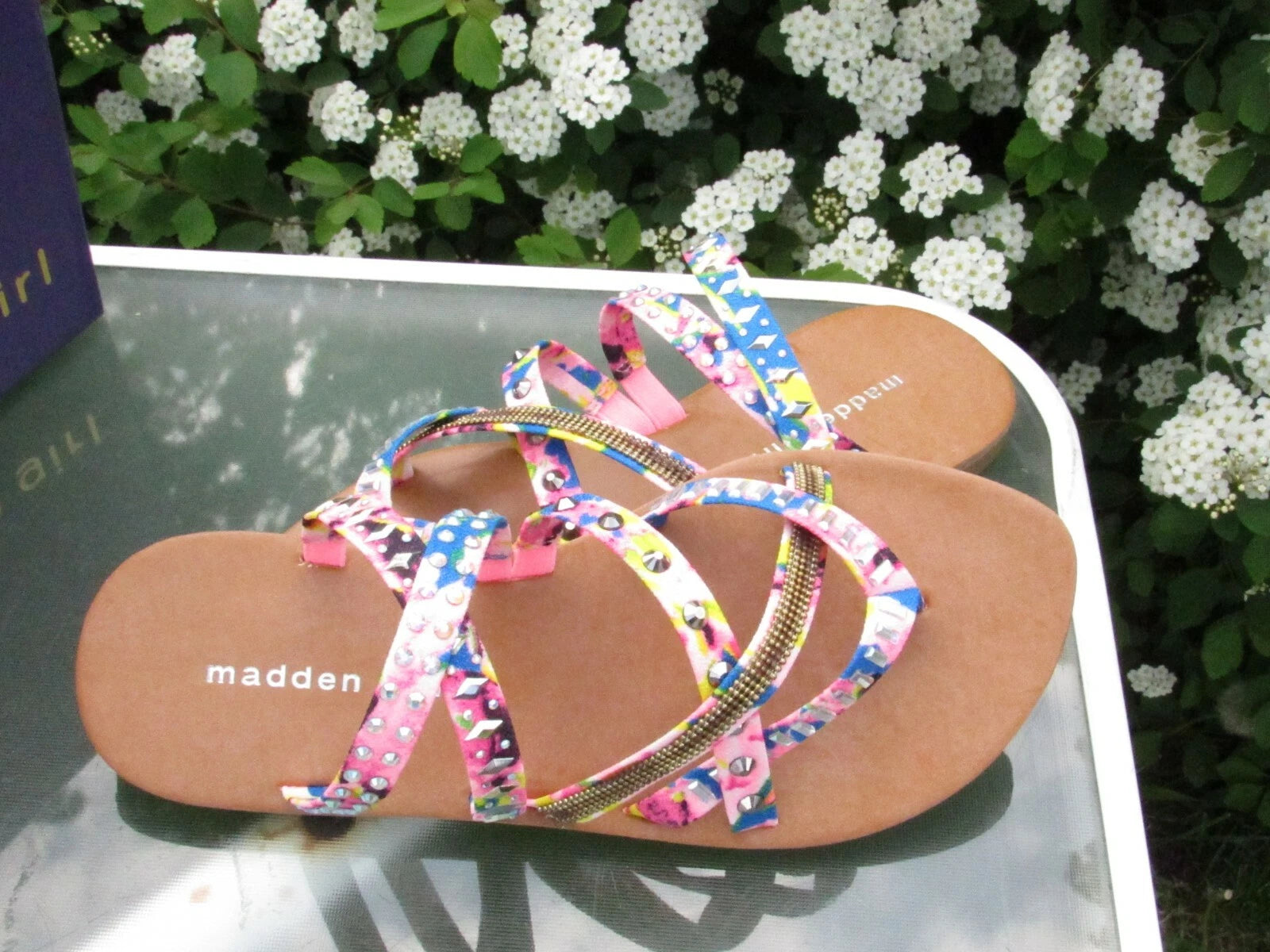 MADDEN GIRL Womens size 7 Floral Canvas Jeweled Slides/Slingback Fashion Sandals