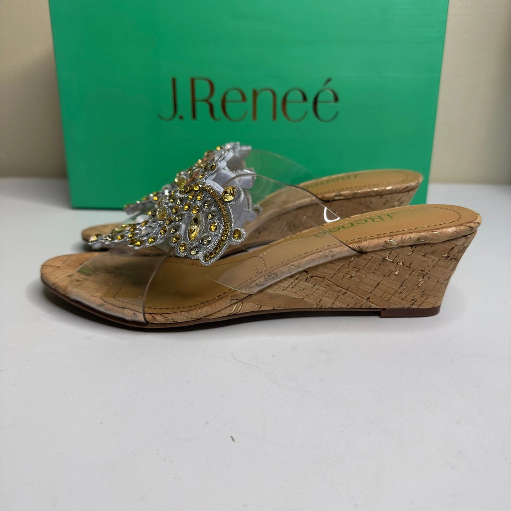 J. Renee Jeweled Cork Wedge Sandals Clear Straps Size 6.5M Party Evening
