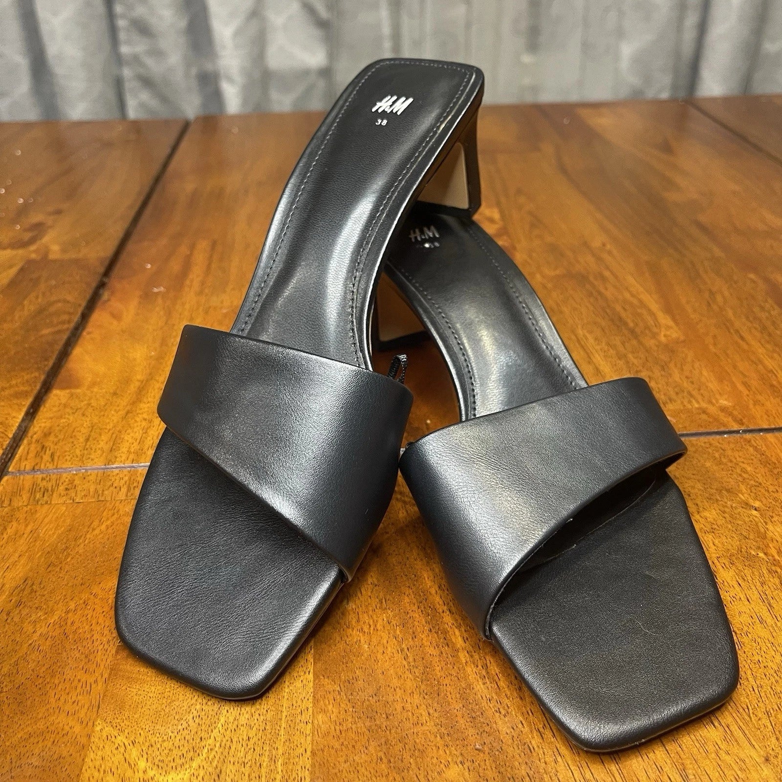 H&M Black Square Toe Slide Sandals Block Heel Size 38 (US 7.5) Minimalist Style