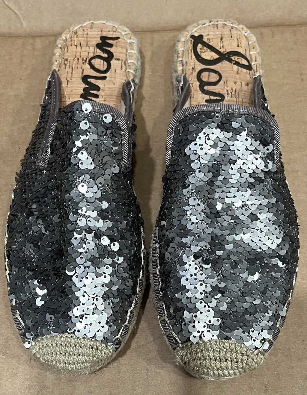 Sam Edelman Kerry Slip On Espadrille Slide Mule Flats Pewter Sequins. NWOB