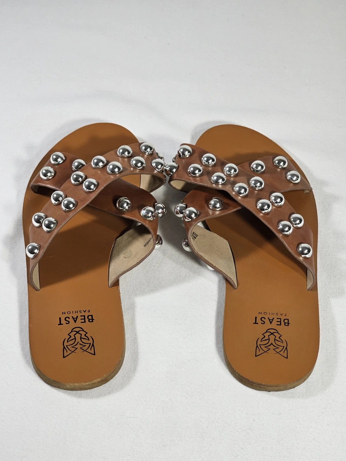 Beast Fashion Brown Studded Cross Strap Slide Sandals Women's Size US 7