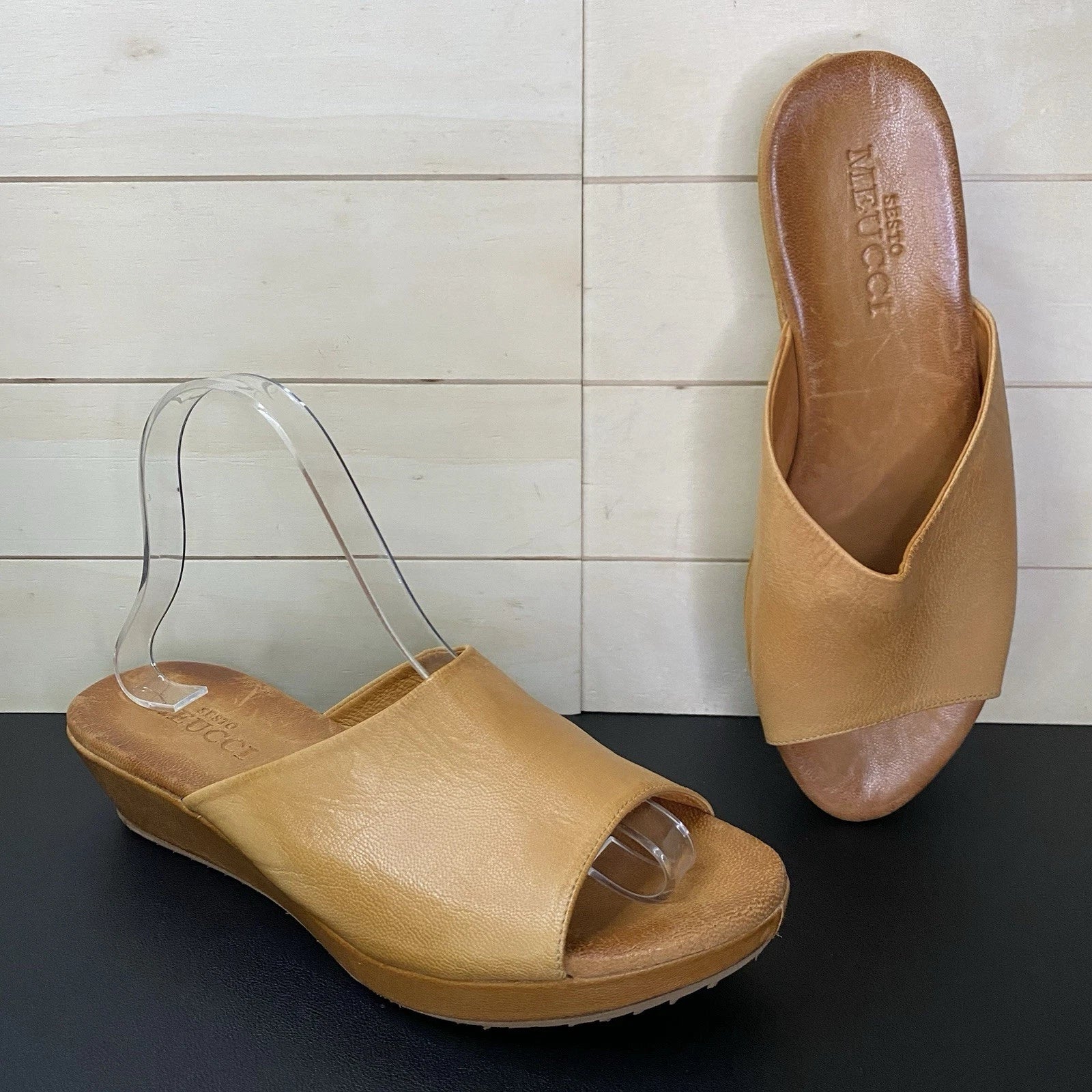 Sesto Meucci Slides Sandals Women's Size 9 N Shoes Tan Leather Platform Wedge