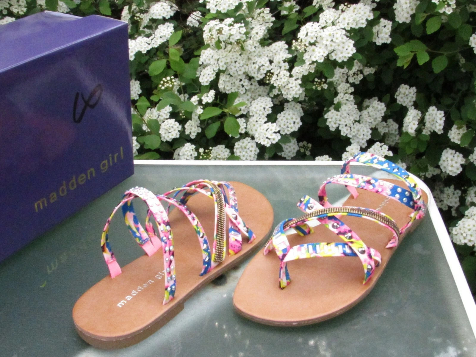 MADDEN GIRL Womens size 7 Floral Canvas Jeweled Slides/Slingback Fashion Sandals