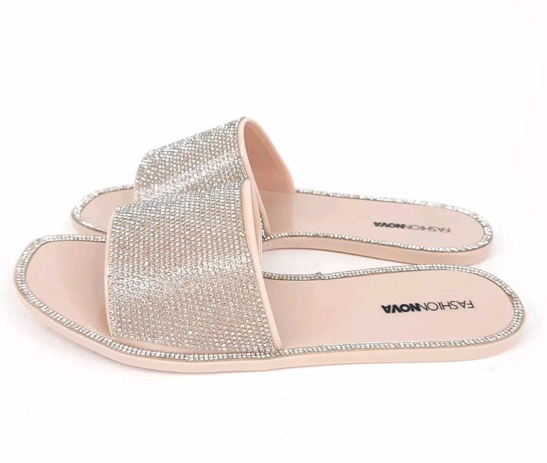 Fashion Nova Sandals Womens 10 w/ Box Flats Silver Rhinestones Slides Slip On