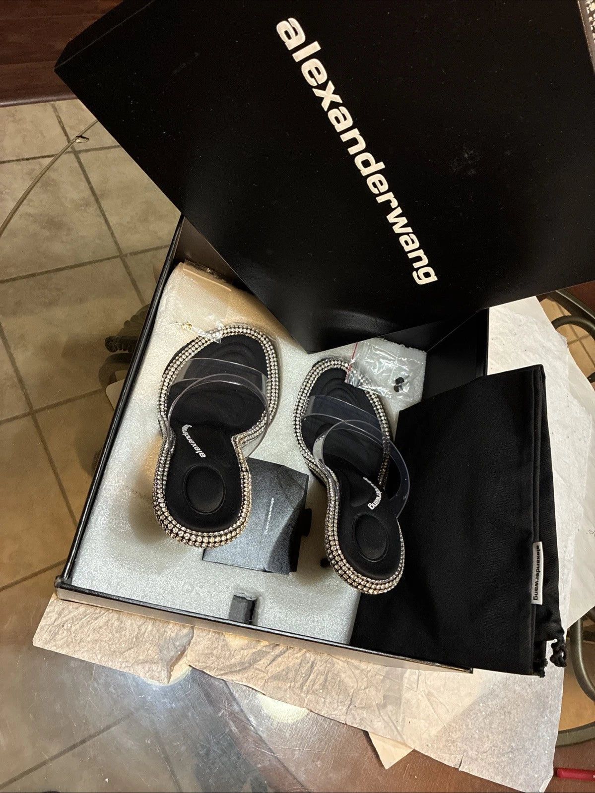 Alexander Wang, Style Nova Slide Sandal PVC/Crystal Size 37.5 New In Box, Tags