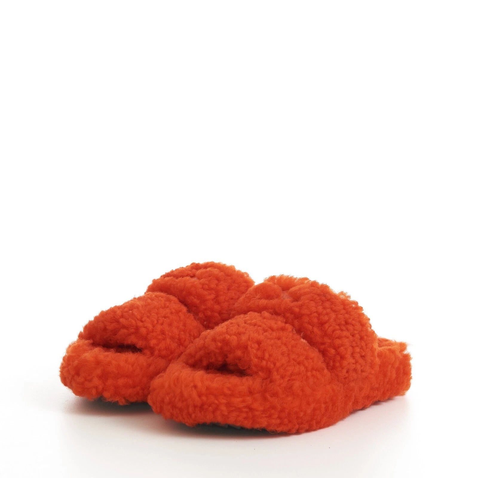 CELINE 730$ Fluffy Shearling Triomphe Fur Slide Sandals - Bright Orange, Patch