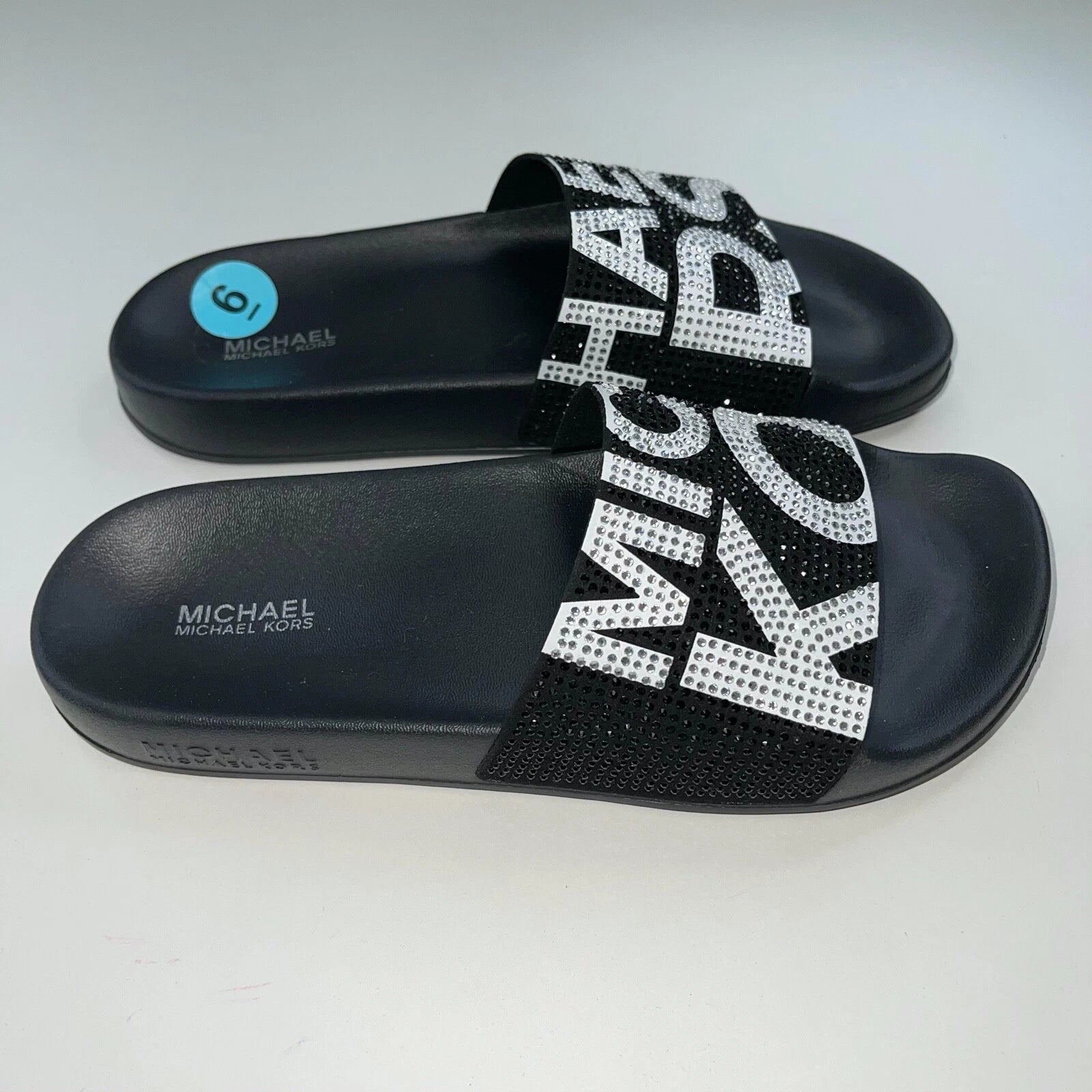 Michael Kors Slides Womens Rhinestones Rainbow Black Bling Sparkly Pride Gilmore