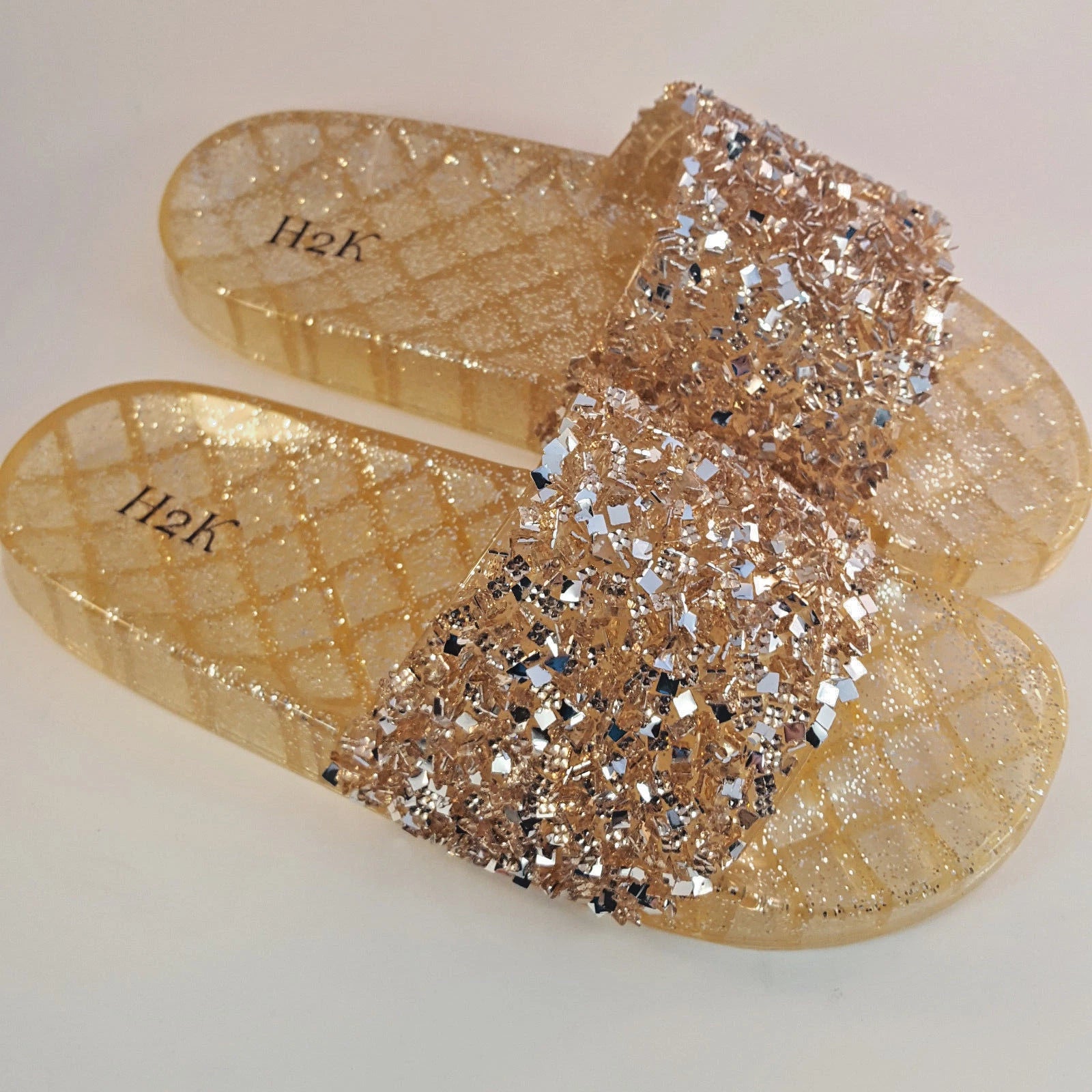 H2K CANDY Rose Gold Color Glitter Beads Fashion Slides Flip Flops Sandals Bling
