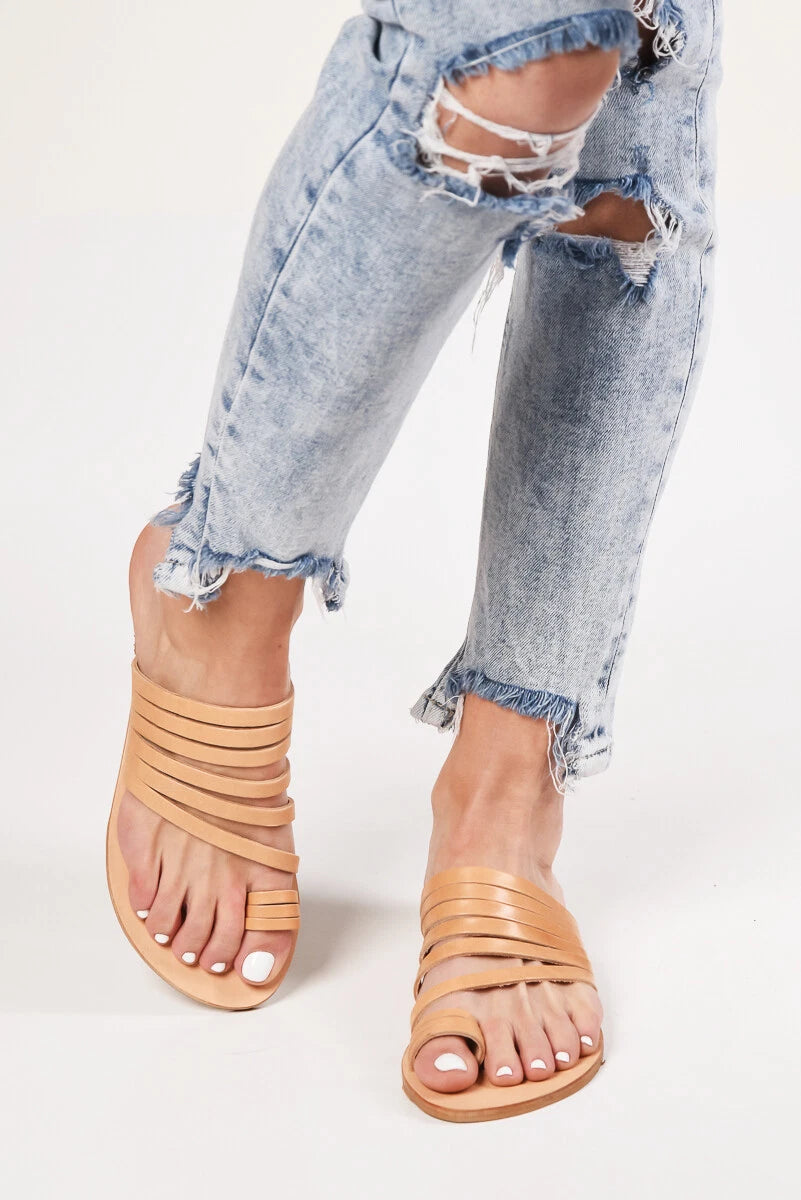 Ancient Greek style real natural leather sandals handmade slide strappy thong