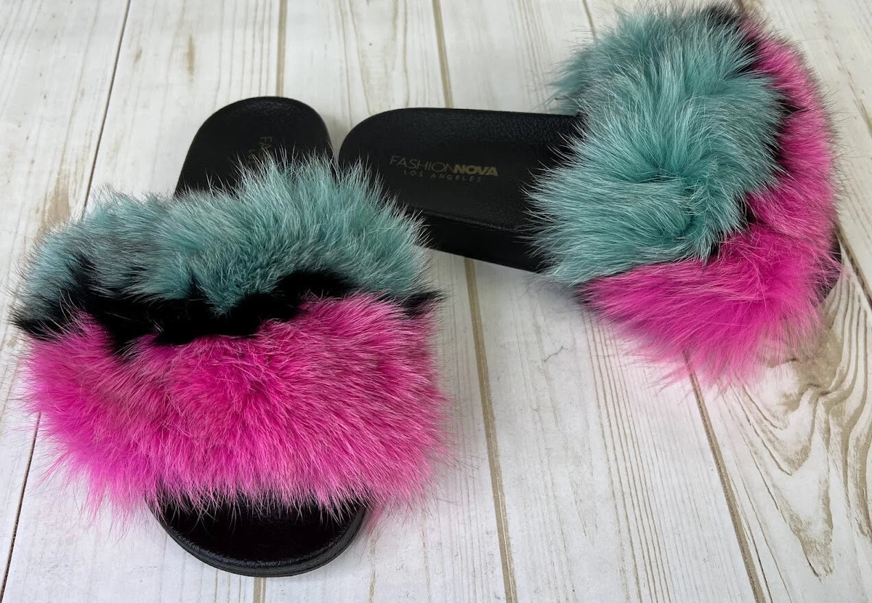 New Fashion Nova Women's Casino Rainbow Baby Slides Size 8 Faux Fur NWB