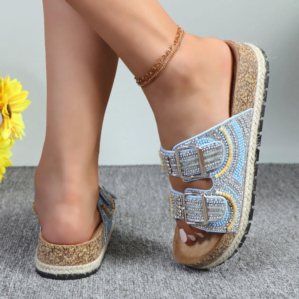 Glaze Women's Beaded Rhinestone Sandal Buckle Cork Footbed Slides Bohemian Style