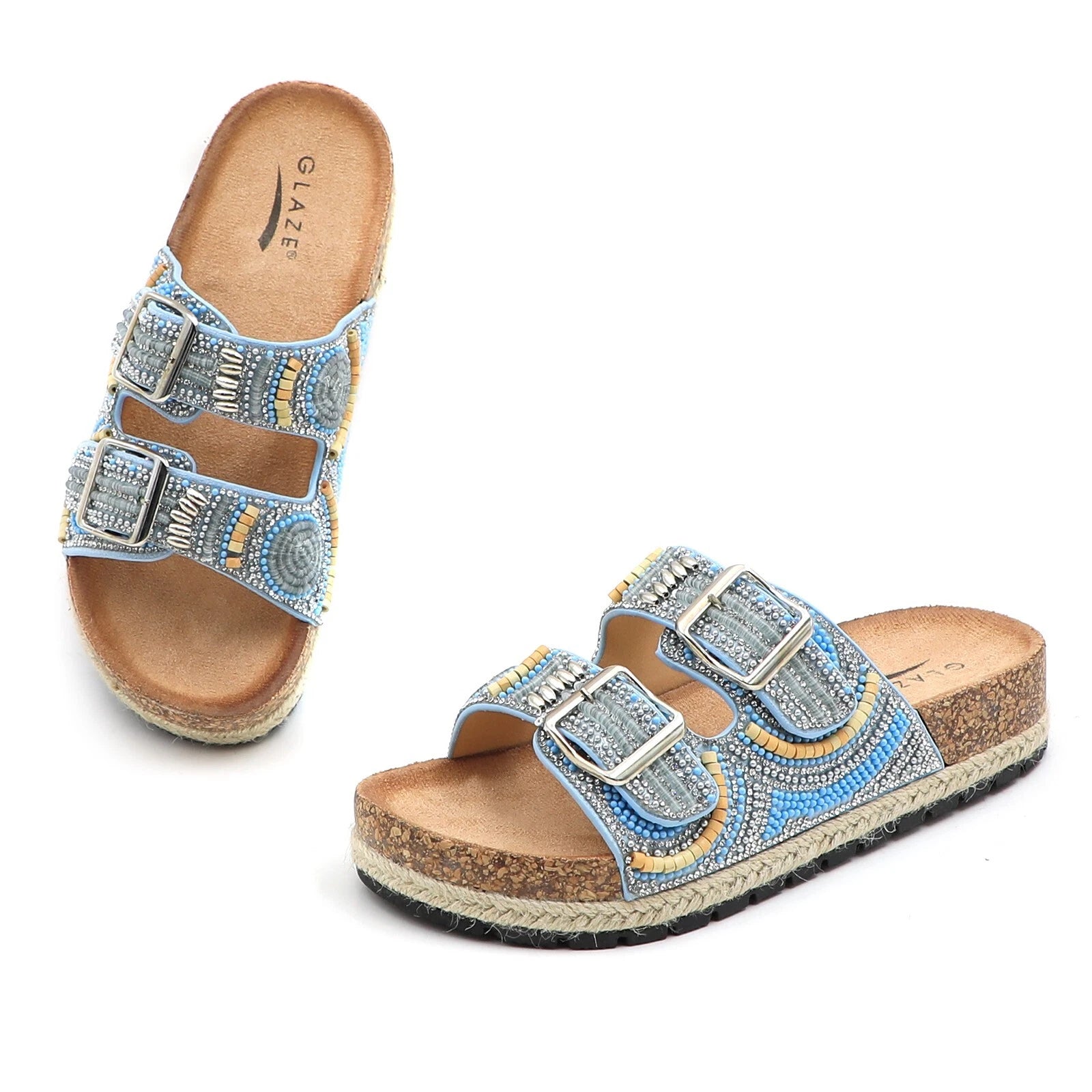 Glaze Women's Beaded Rhinestone Sandal Buckle Cork Footbed Slides Bohemian Style