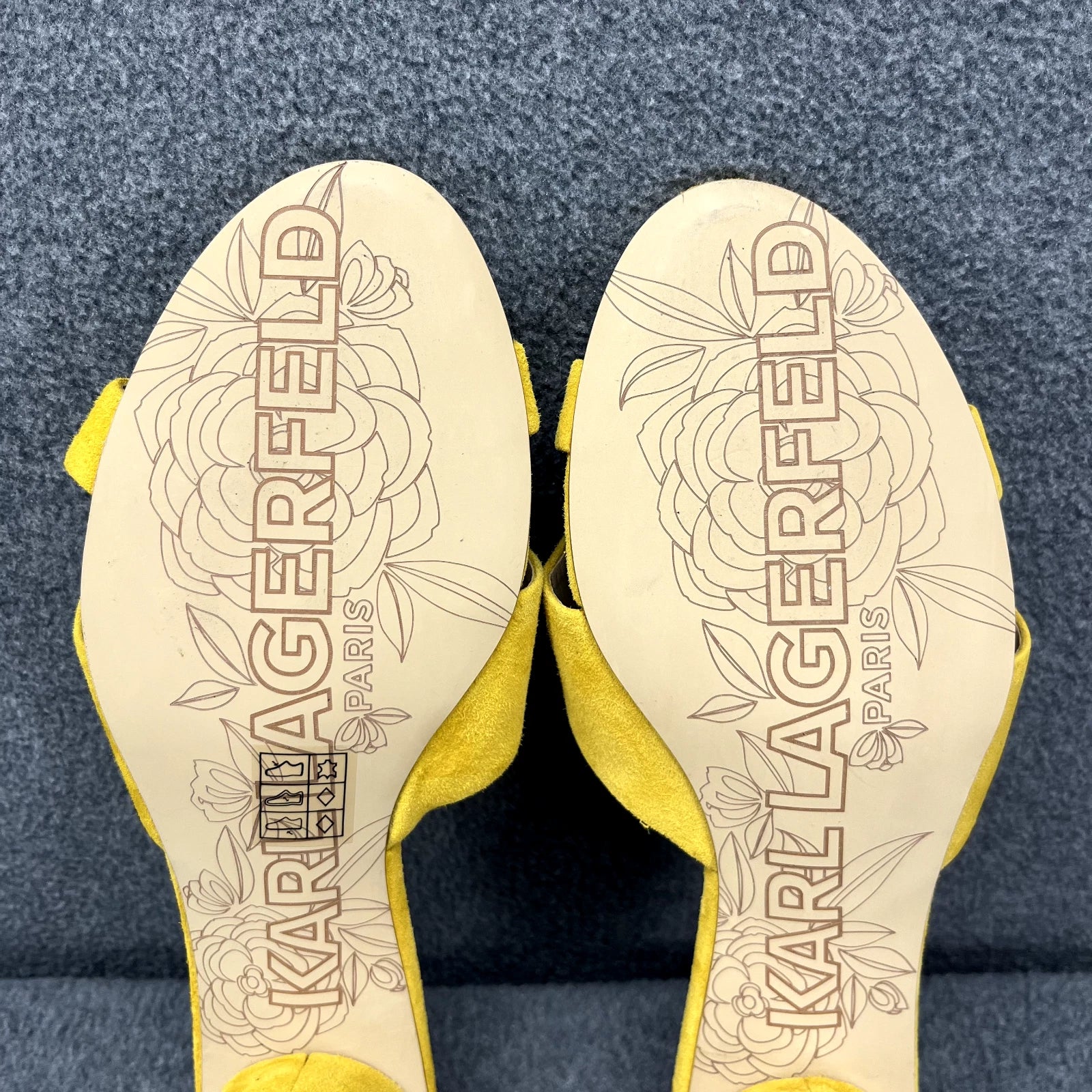 Karl Lagerfeld Sandals Women 7 M Yellow Suede Fawn Canary Slide 2" Block Heel