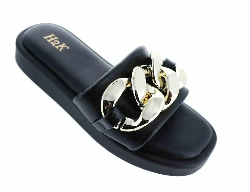 H2K Chain Black Fashion Comfort Soft Slides Flip Flops Sandals  Open Toe New