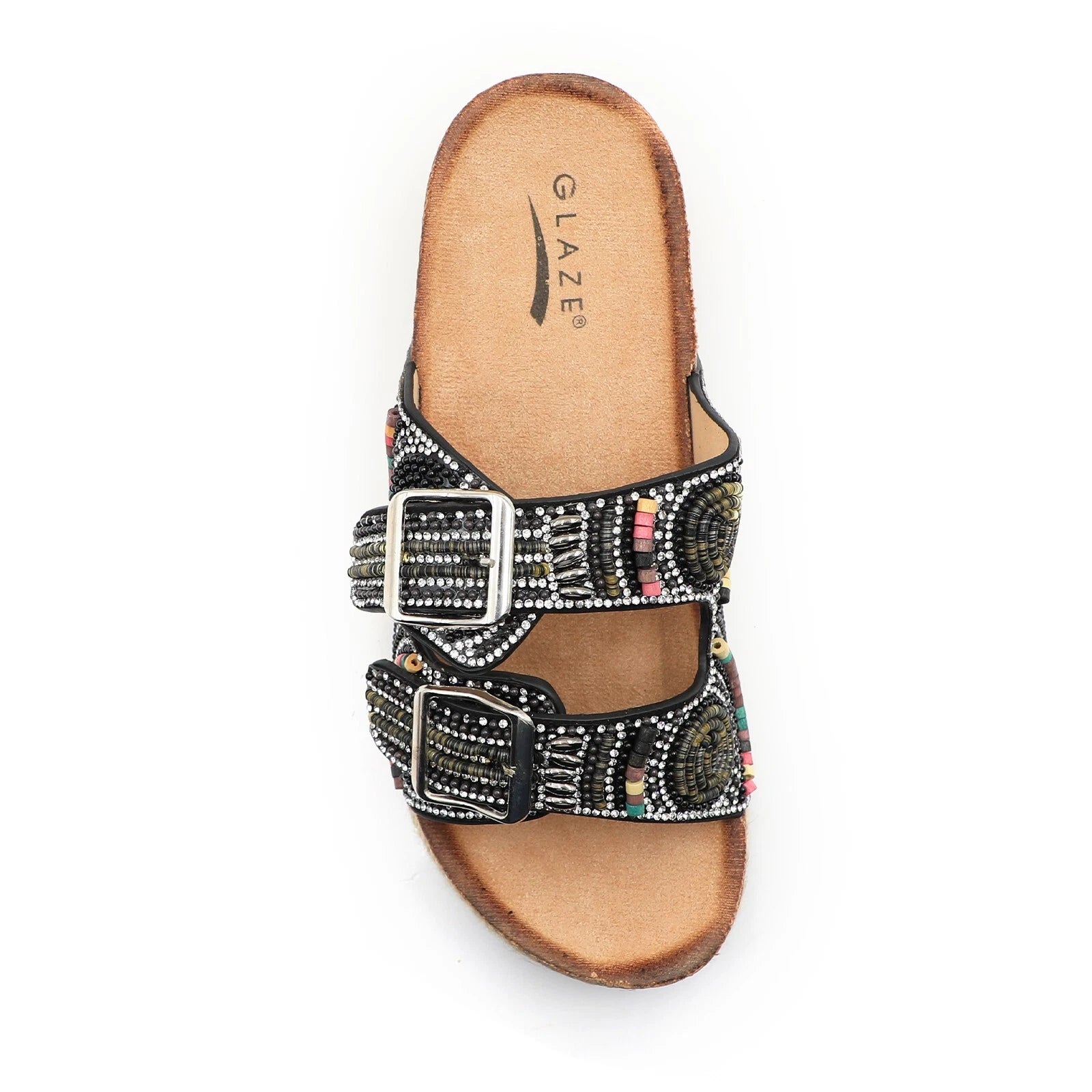 Glaze Women's Beaded Rhinestone Sandal Buckle Cork Footbed Slides Bohemian Style