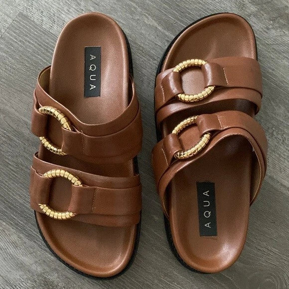 Aqua Bloomingdales Leather Arizona Style Slides Womens 6.5 Brown Gold Black $128