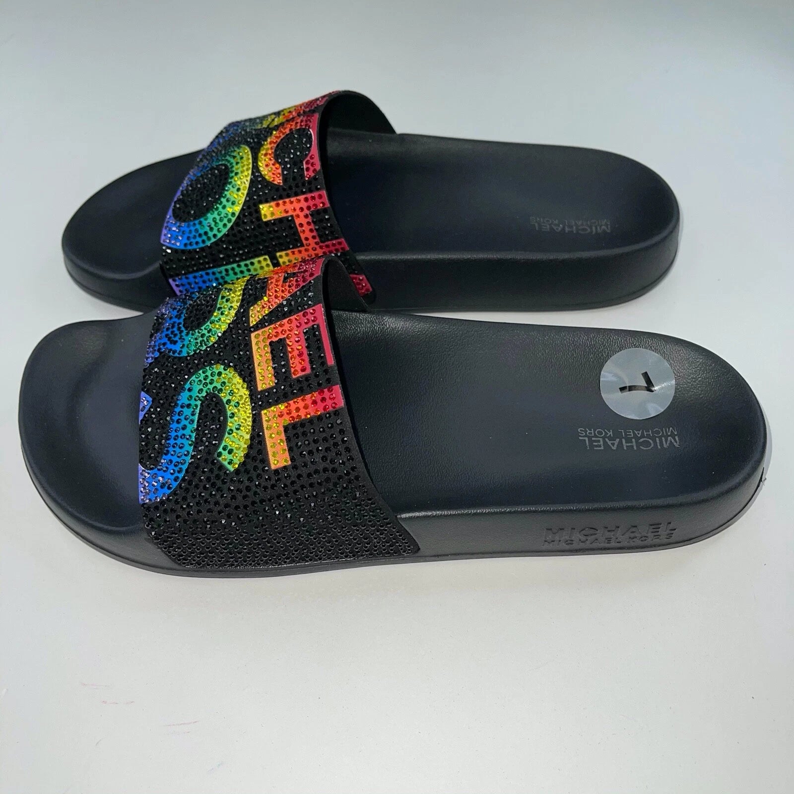 Michael Kors Slides Womens Rhinestones Rainbow Black Bling Sparkly Pride Gilmore