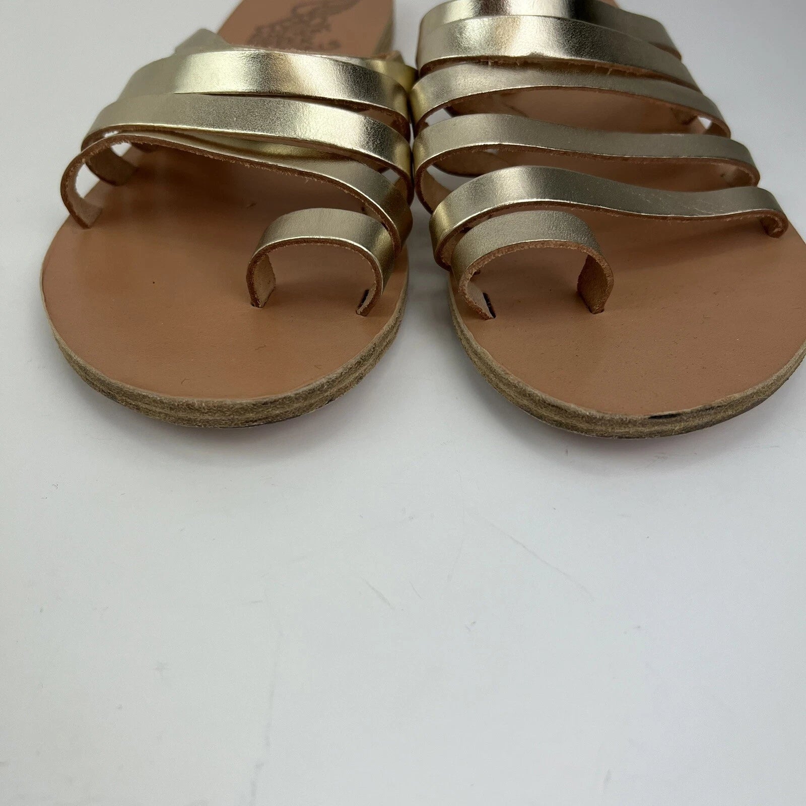Ancient Greek style metallic gold strappy real leather slide sandals handmade 38
