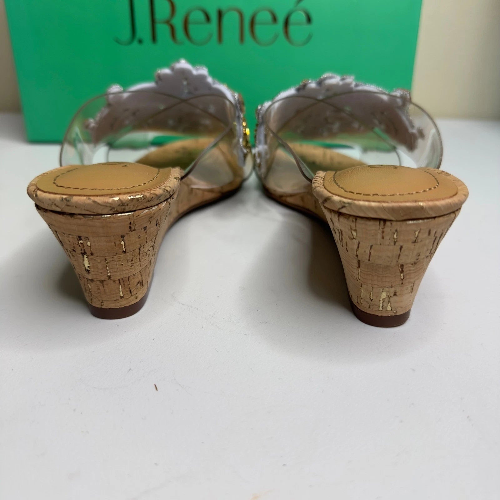 J. Renee Jeweled Cork Wedge Sandals Clear Straps Size 6.5M Party Evening