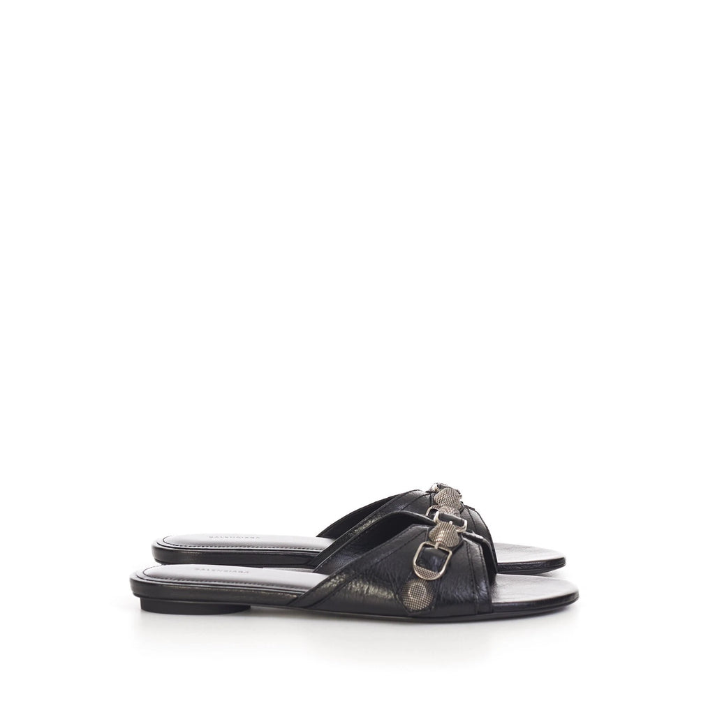 BALENCIAGA 750$ Cagole Slide Sandals - Arena, Studs, Black Leather