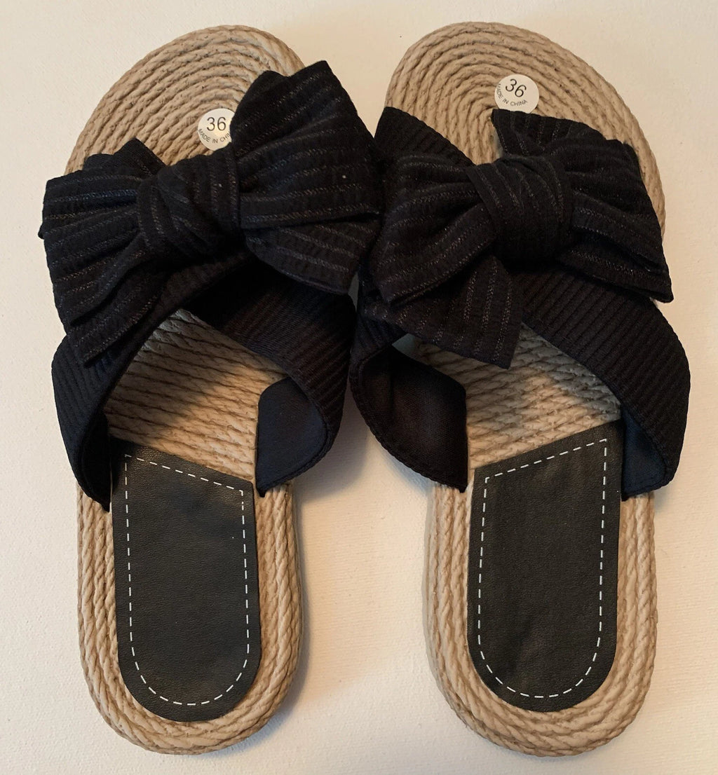 Women Black Bow Decor Straps Slides Fashionable Toe Flat Sandals Size 5.5 US