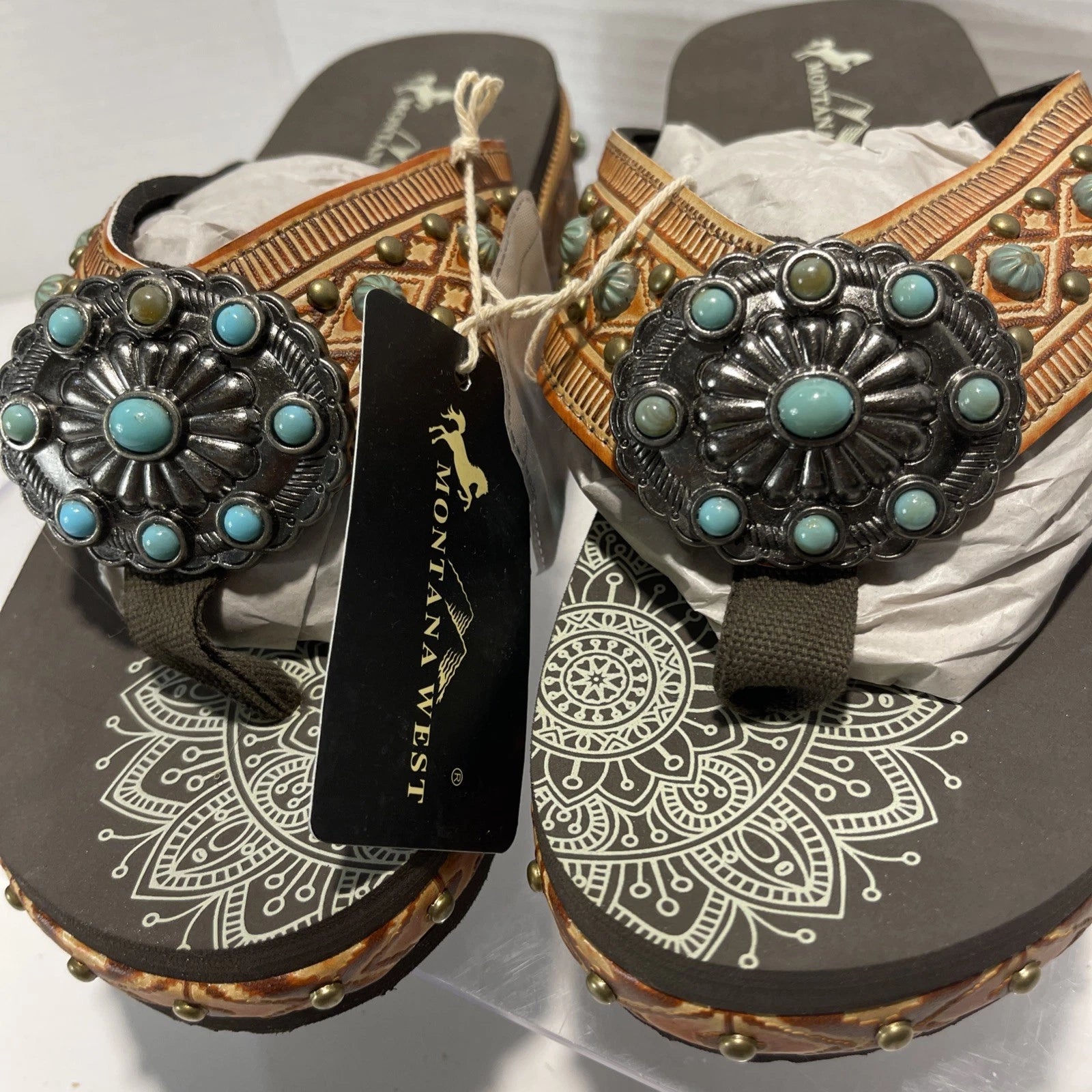 Montana West Tan/Brown Embossed Studs Western Style Wedge Sandals Sz8-8.5