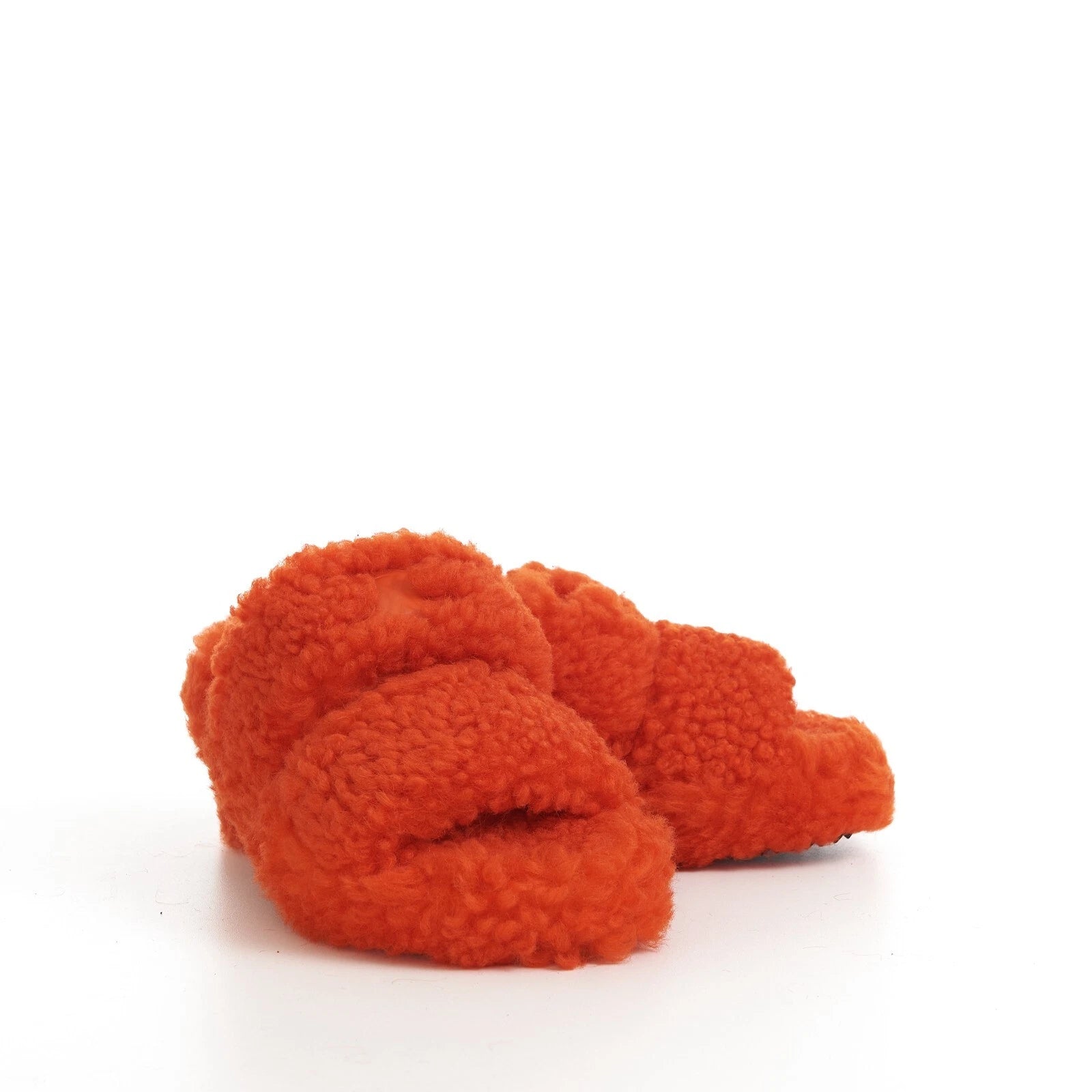 CELINE 730$ Fluffy Shearling Triomphe Fur Slide Sandals - Bright Orange, Patch
