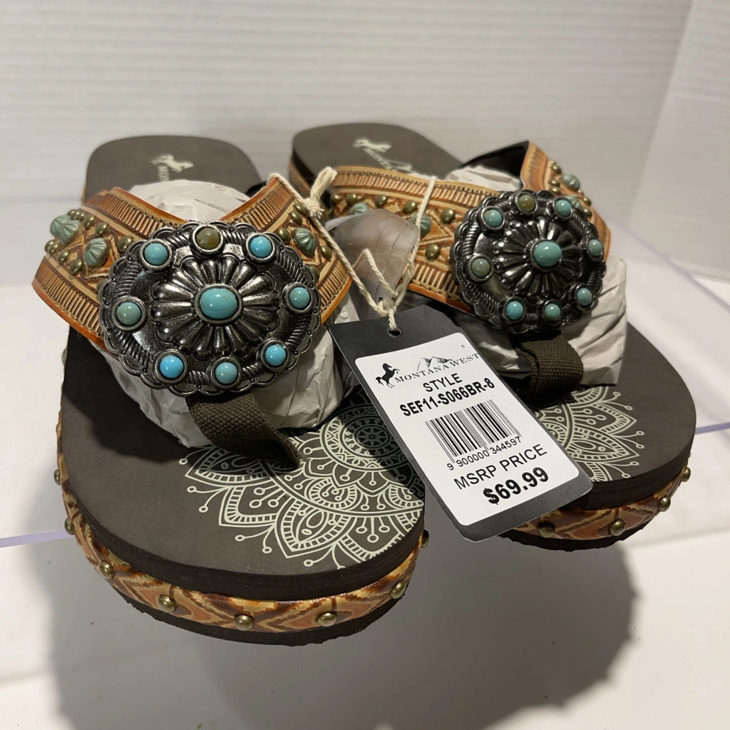 Montana West Tan/Brown Embossed Studs Western Style Wedge Sandals Sz8-8.5
