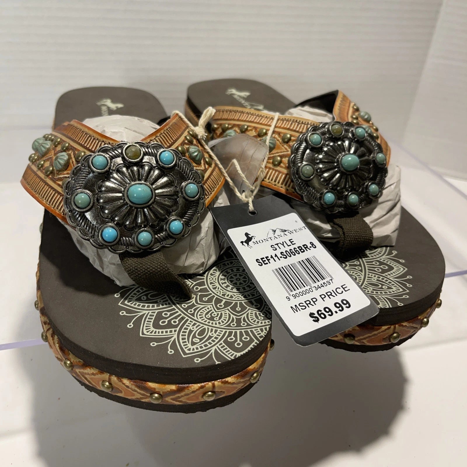 Montana West Tan/Brown Embossed Studs Western Style Wedge Sandals Sz8-8.5