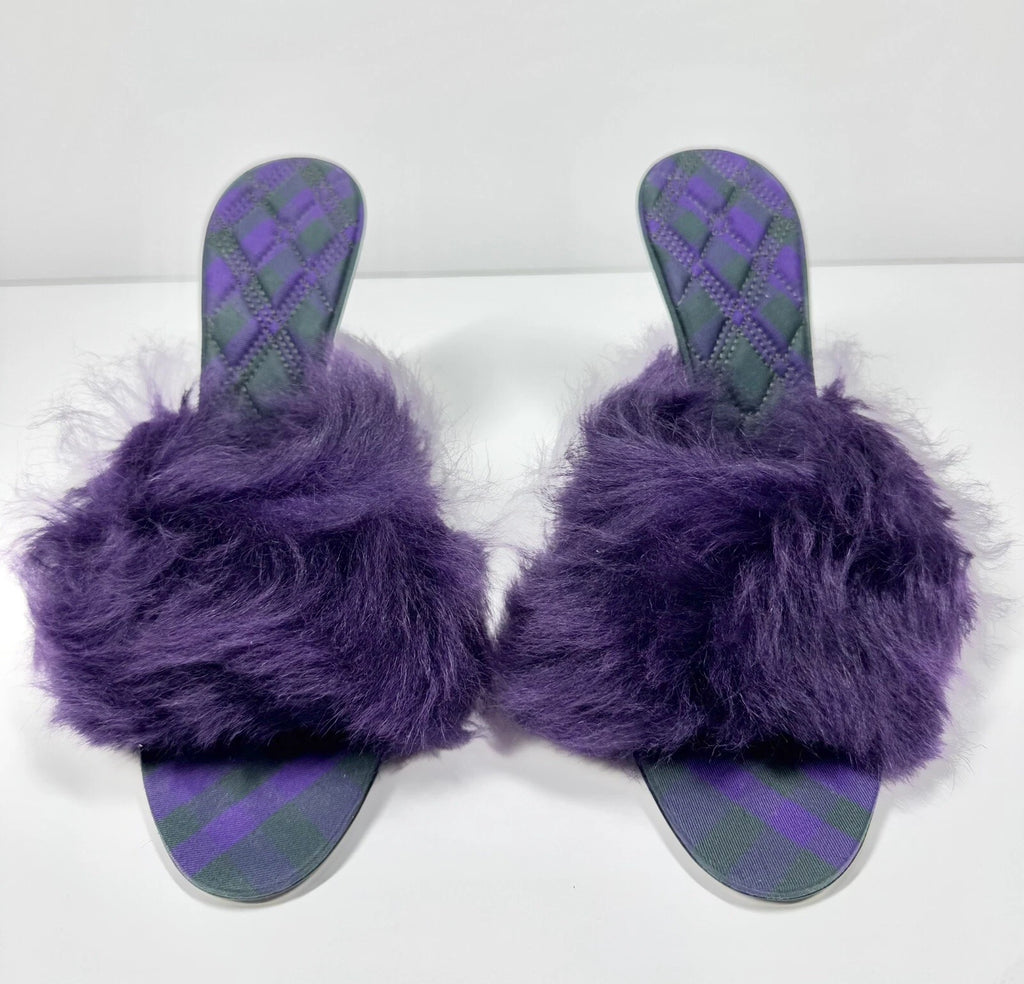 BURBERRY SANDALS MINNIE SHEARLING SLIDE PURPLE STILETTO HEEL WOMENS EU 39 US 9
