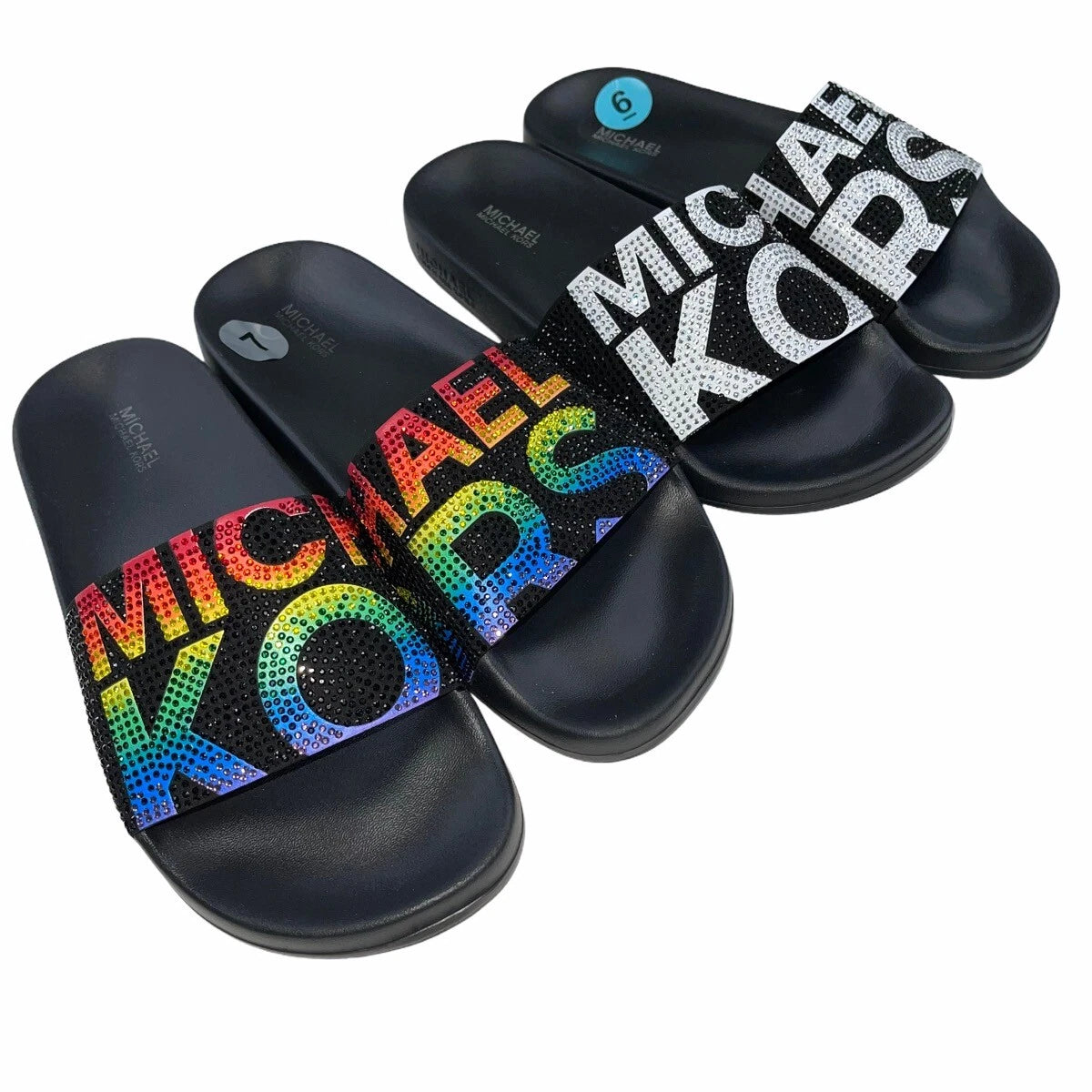 Michael Kors Slides Womens Rhinestones Rainbow Black Bling Sparkly Pride Gilmore