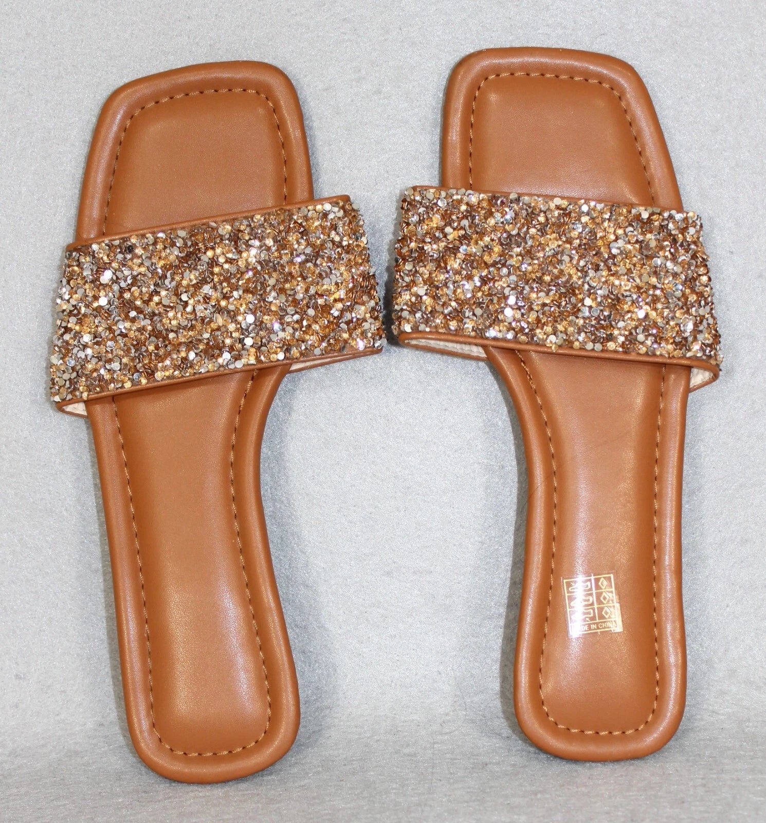 Women's Sandal Slip On Beach Fashion Slides Sq. Toe Rhinestone Sequins 41 9-9.5