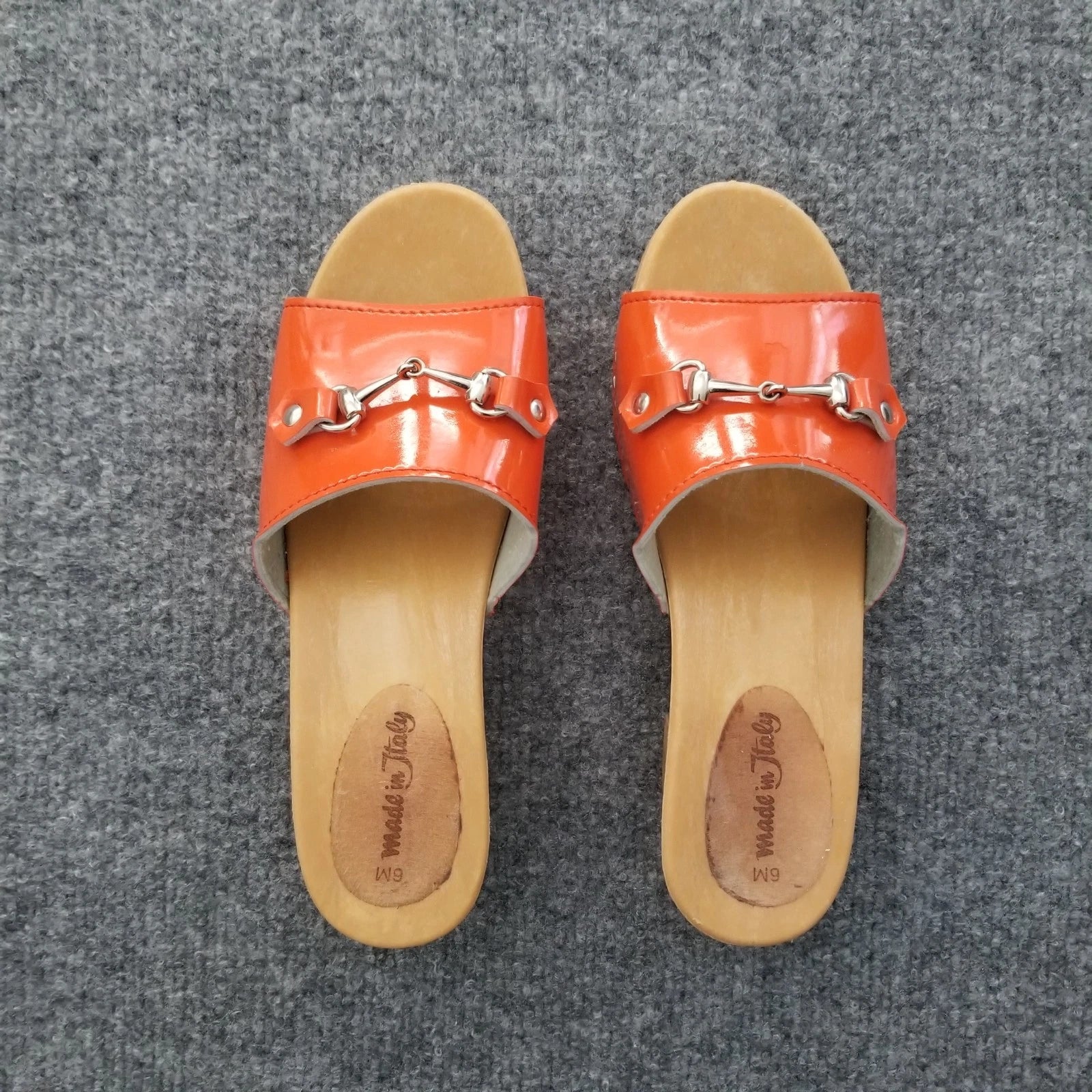 Made in Italy Women Clogs Size US 6M Orange Open Toe Wooden Look Silver Buckle*