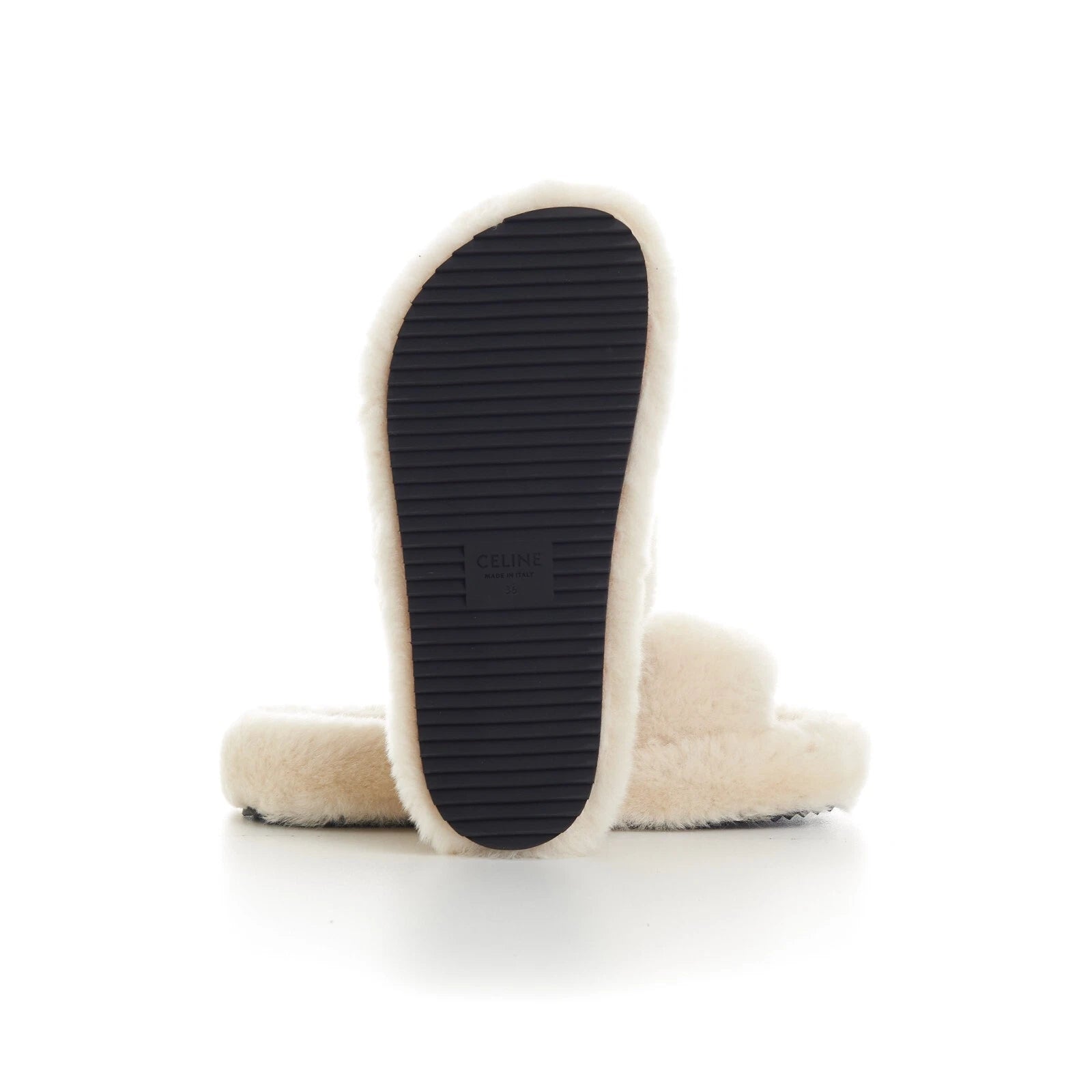 CELINE 870$ Triomphe Open Shearling Fur Slide Sandals - Signature Leather Patch