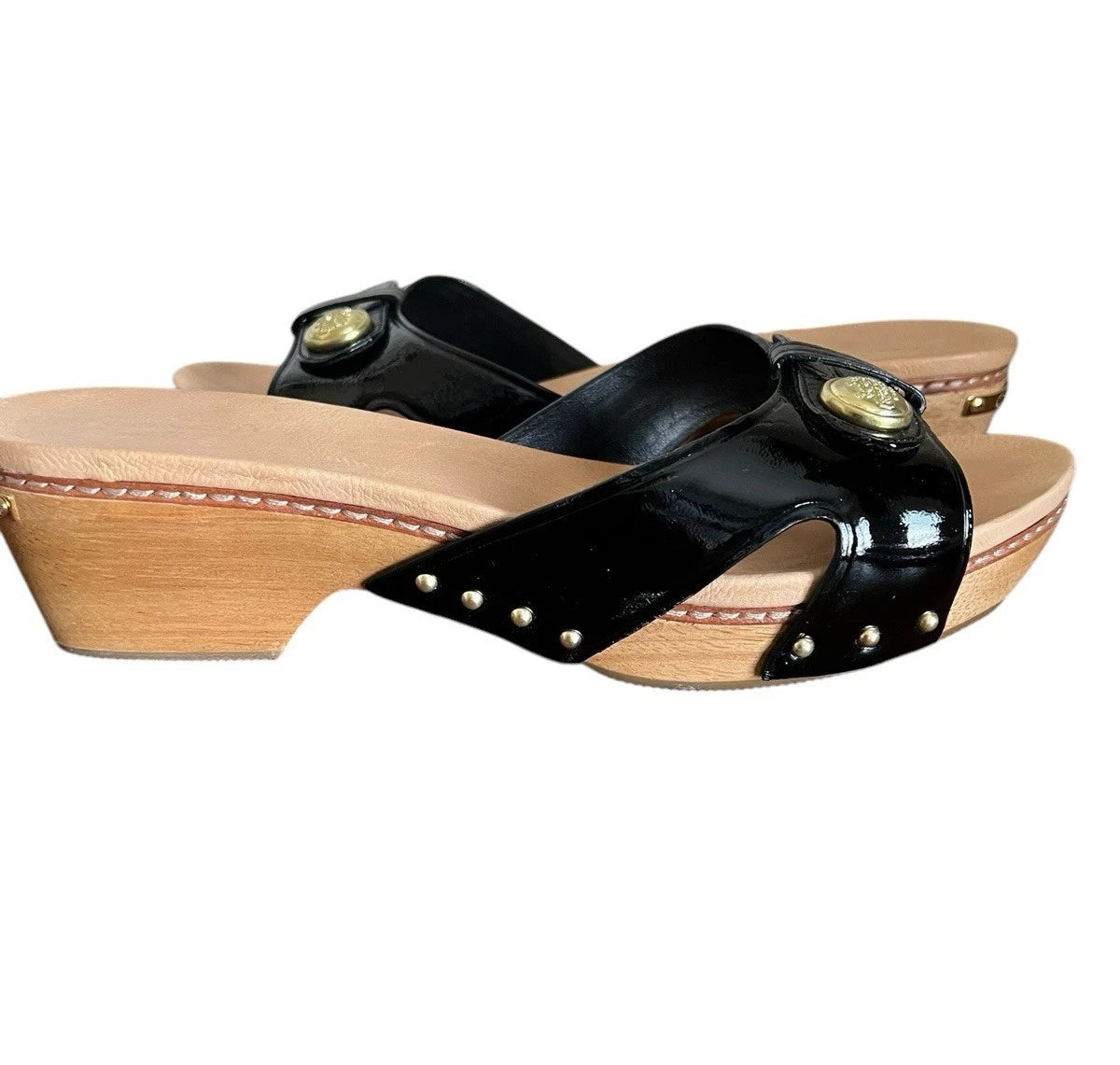 Auth COACH LEE BLK CRINKLE PATENT WOOD SLIDES CLOG SANDAL  SLIP ON  ~ Size 8.5B