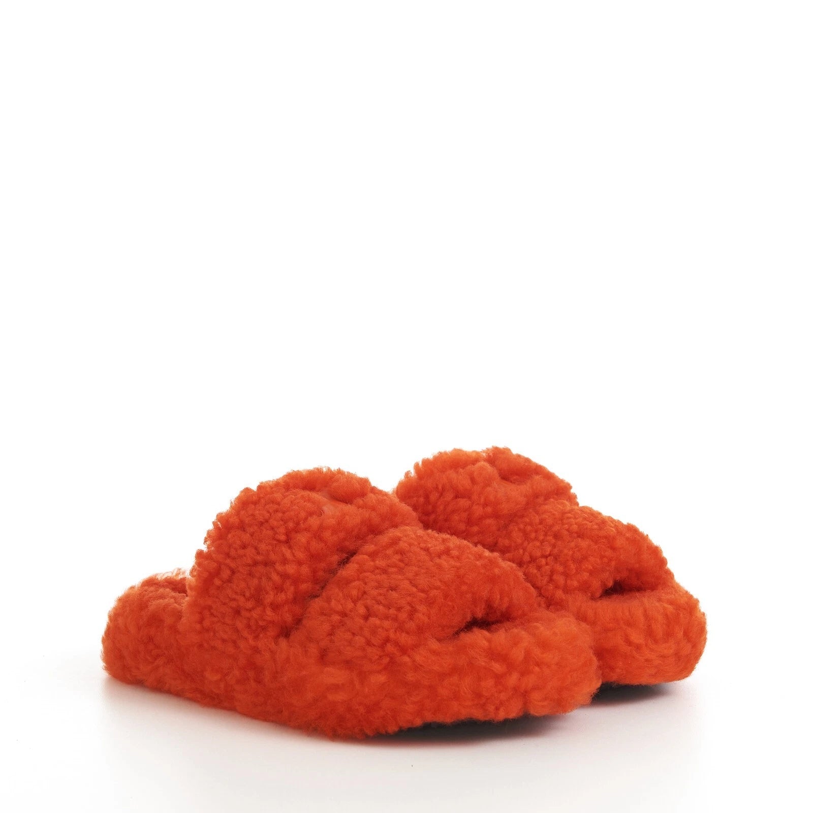CELINE 730$ Fluffy Shearling Triomphe Fur Slide Sandals - Bright Orange, Patch