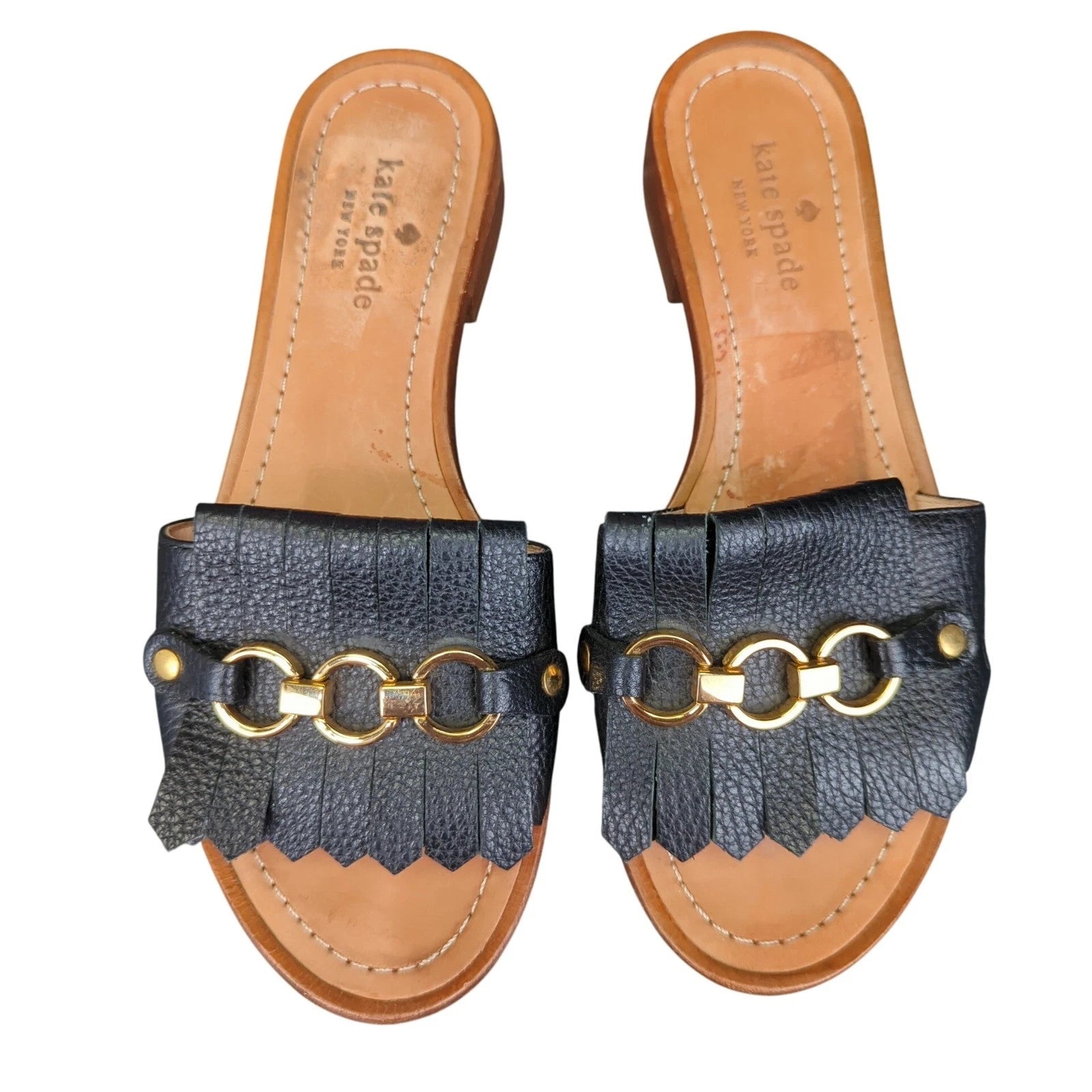 Kate Spade Brie Slide Sandals Black Leather Fringe Chain Size 6.5M Casual