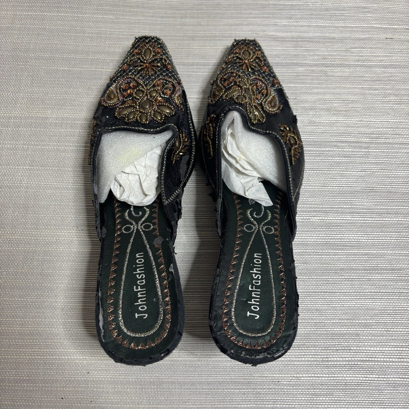 John Fashion Black Boho Beaded Sequin Slide Slip on Dress Shoes Size 9 NEW