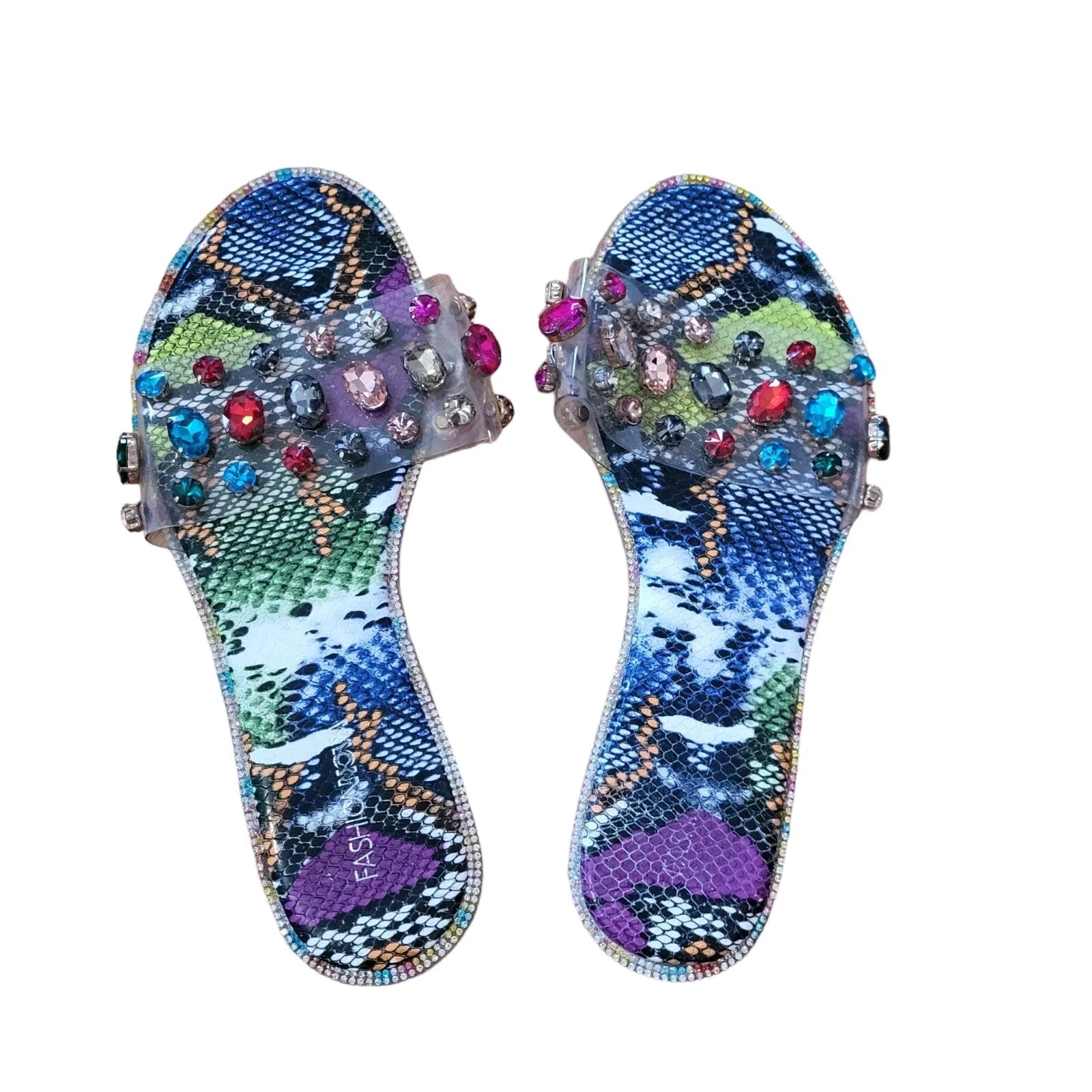 Fashion Nova Jewelled Colorful Faux Snakeskin Slides Size 10