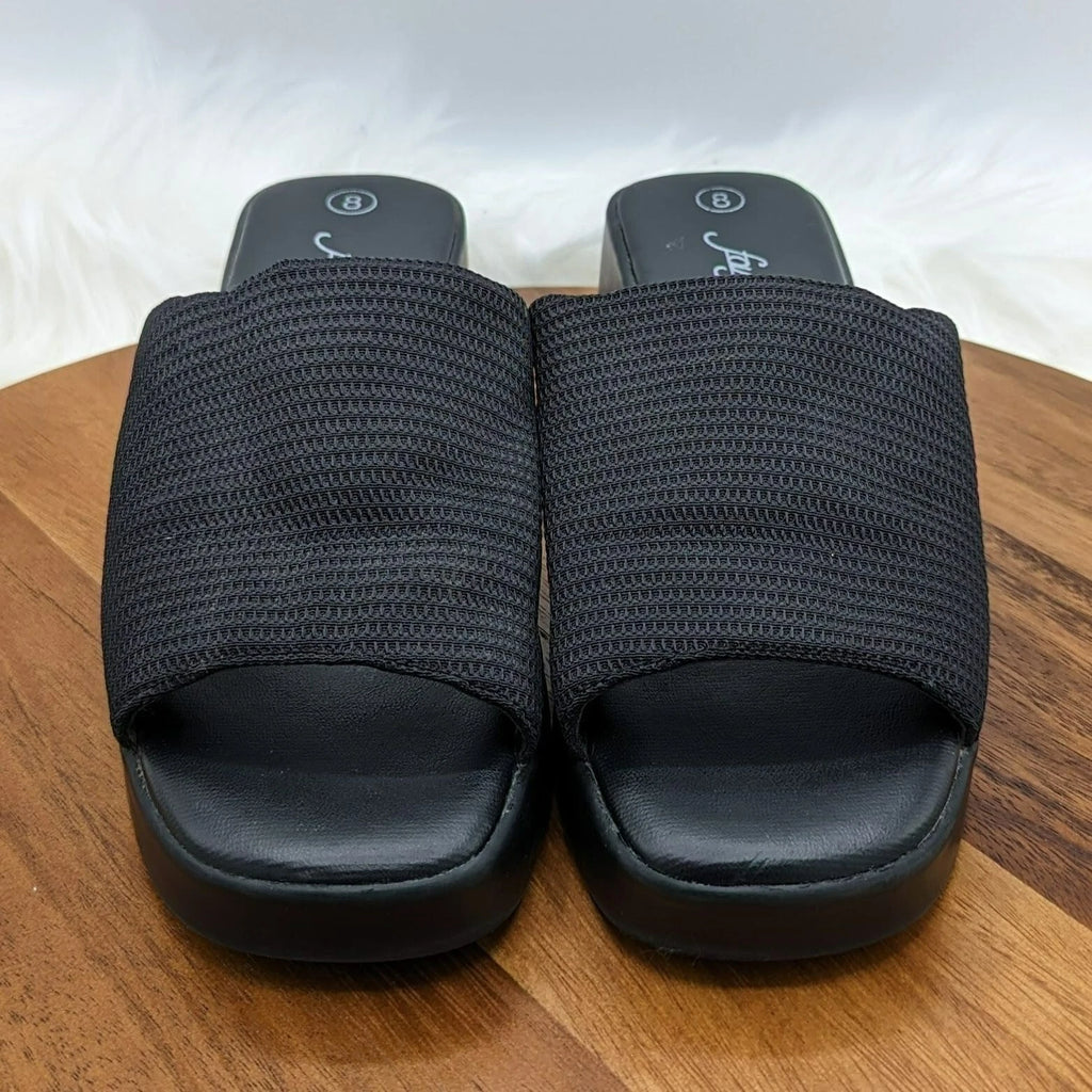 Fanfares Mule Slides Sandals 8 Black Square Toe Stretch Fabric Retro Popular 90s