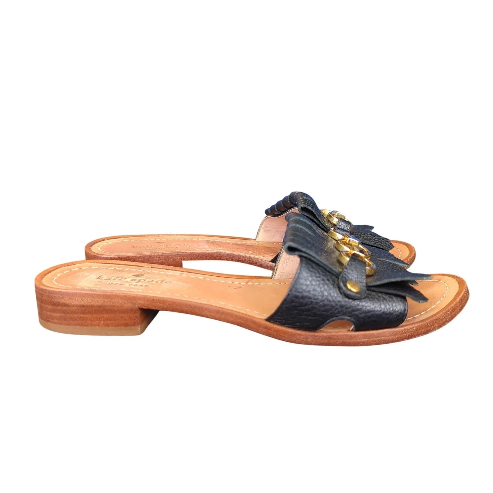 Kate Spade Brie Slide Sandals Black Leather Fringe Chain Size 6.5M Casual